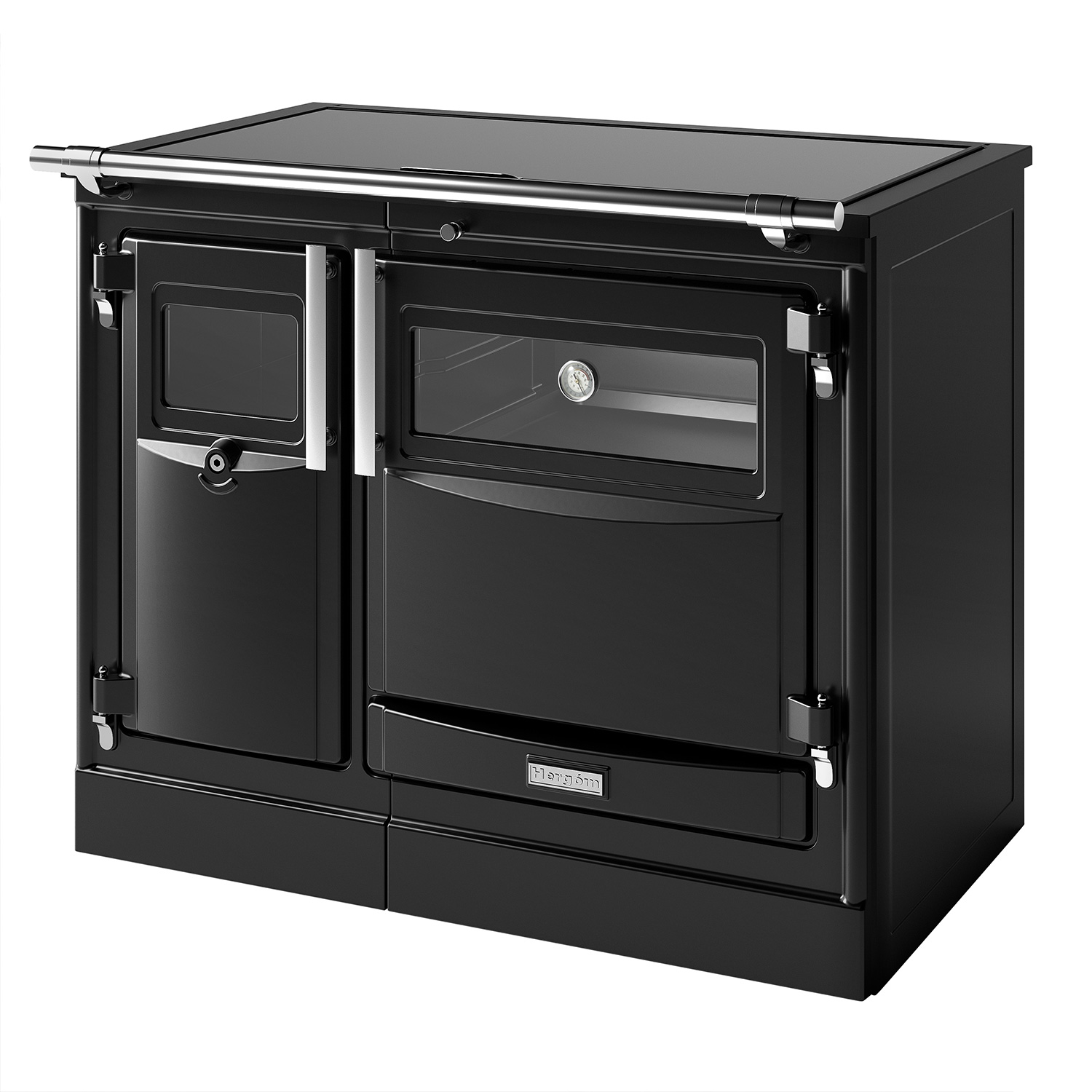 Hergom PAS 100 SE Küchenofen Gusseisen schwarz, Herdplatte Glaskeramik, RR hinten