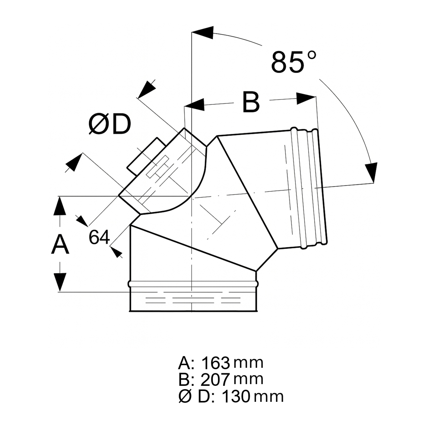 Schiedel ICS Bogen 85° Ø130 mm mit Revisionsverschluss für Festbrennstoffe doppelwandig glänzend