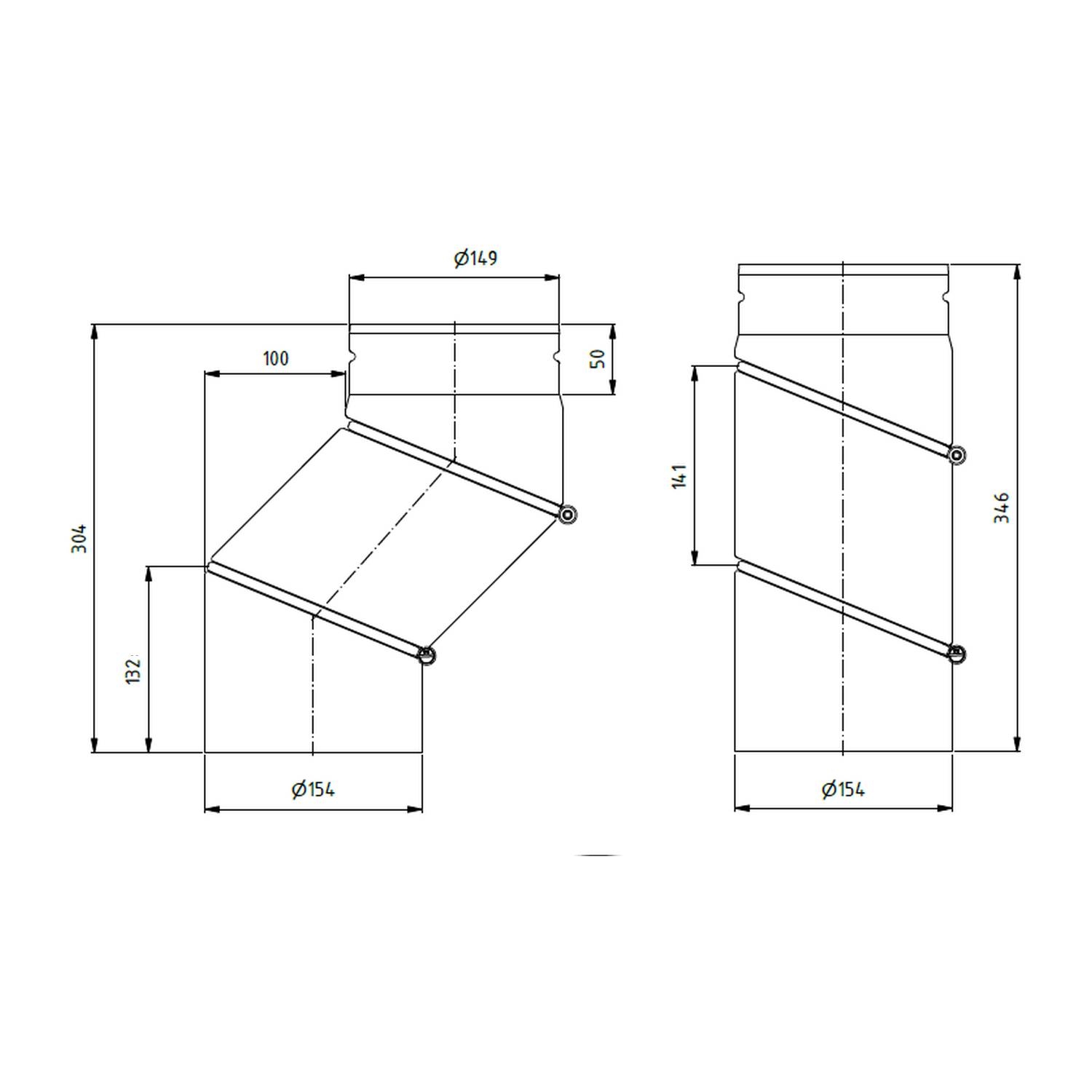 Raik Lifestyle Versatzbogen Durchmesser 150x304x2,00mm eingezogen V=15-100mm drehbar mit Dichtung schwarz für Rauchrohr/ Ofenrohr