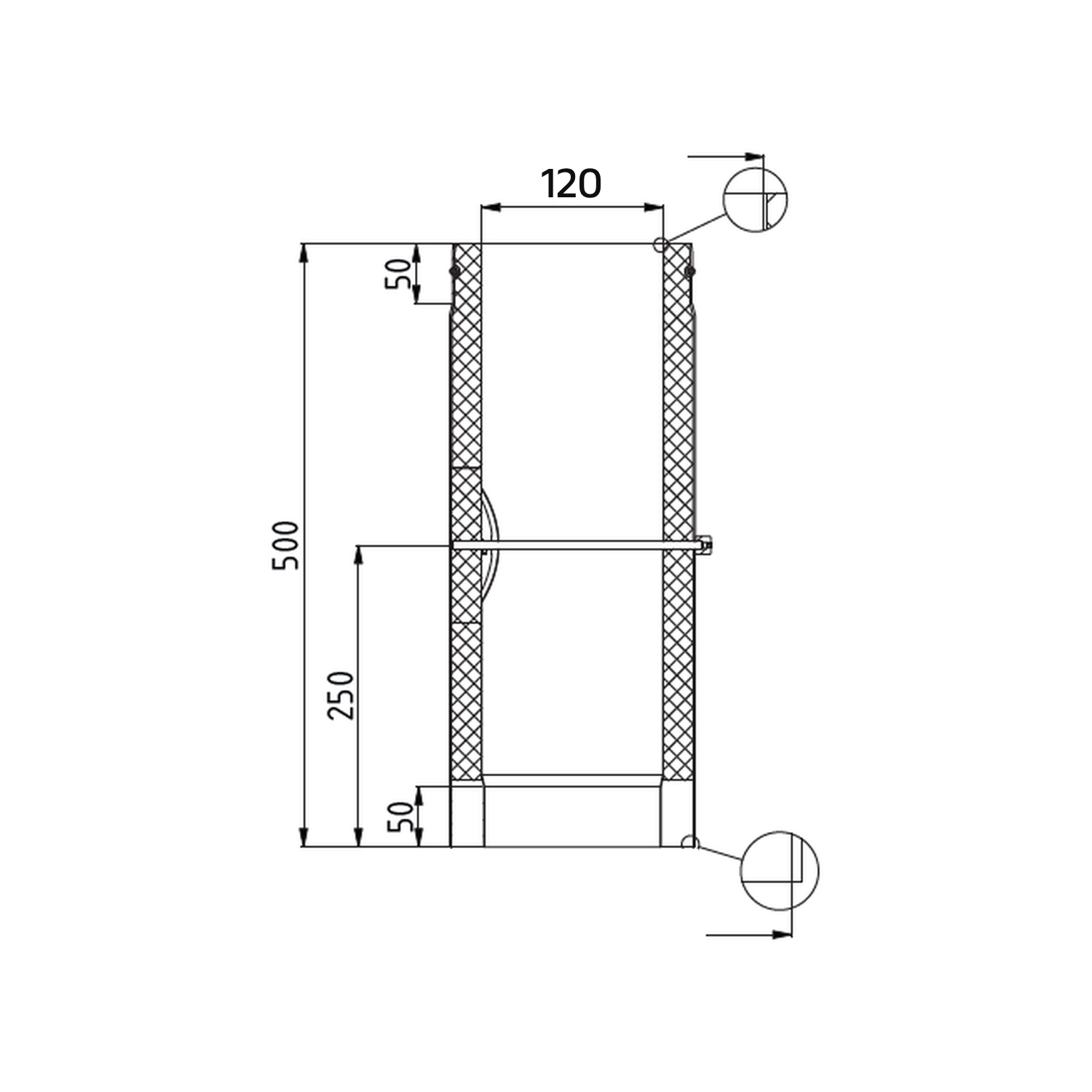 Raik Rohr LS DUO Durchmesser 130x500mm eingezogen mit eingelegter Tür und Dichtung schwarz