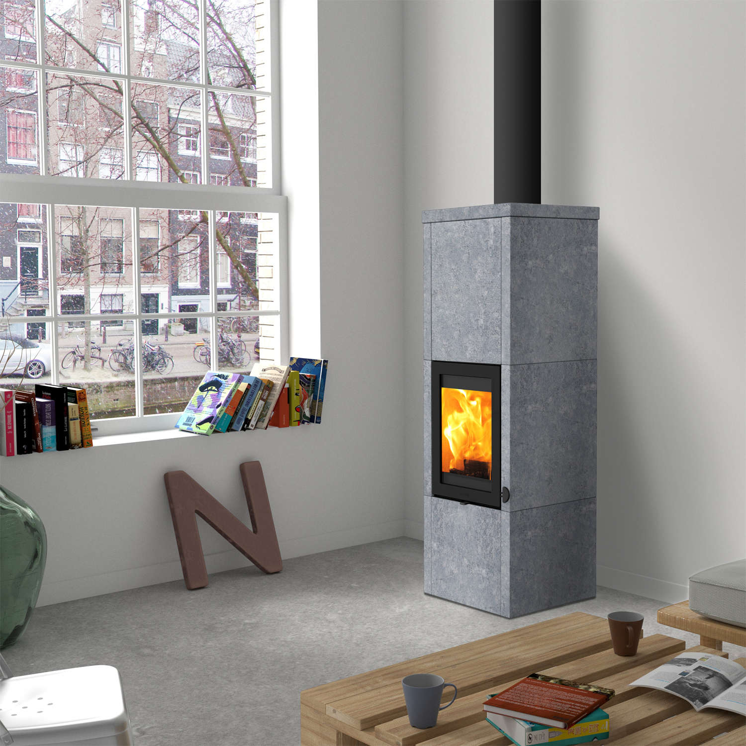 Lotus QM40 Kaminofen Speckstein, Tür Schwarz, Rauchabgang oben