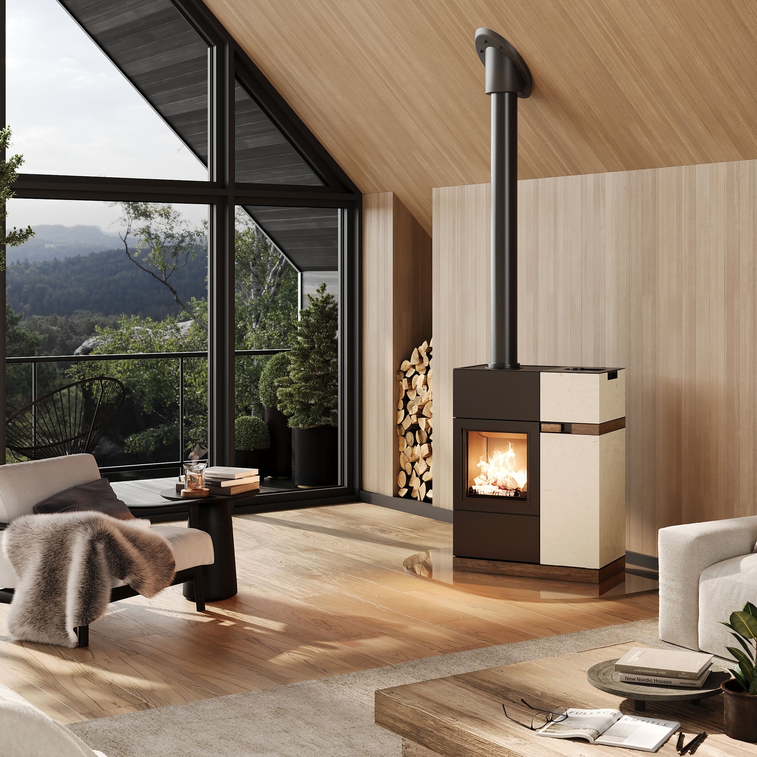 Austroflamm Quadra Duo Hybrid Kamin-/Pelletofen Naturstein Velvet Ivory