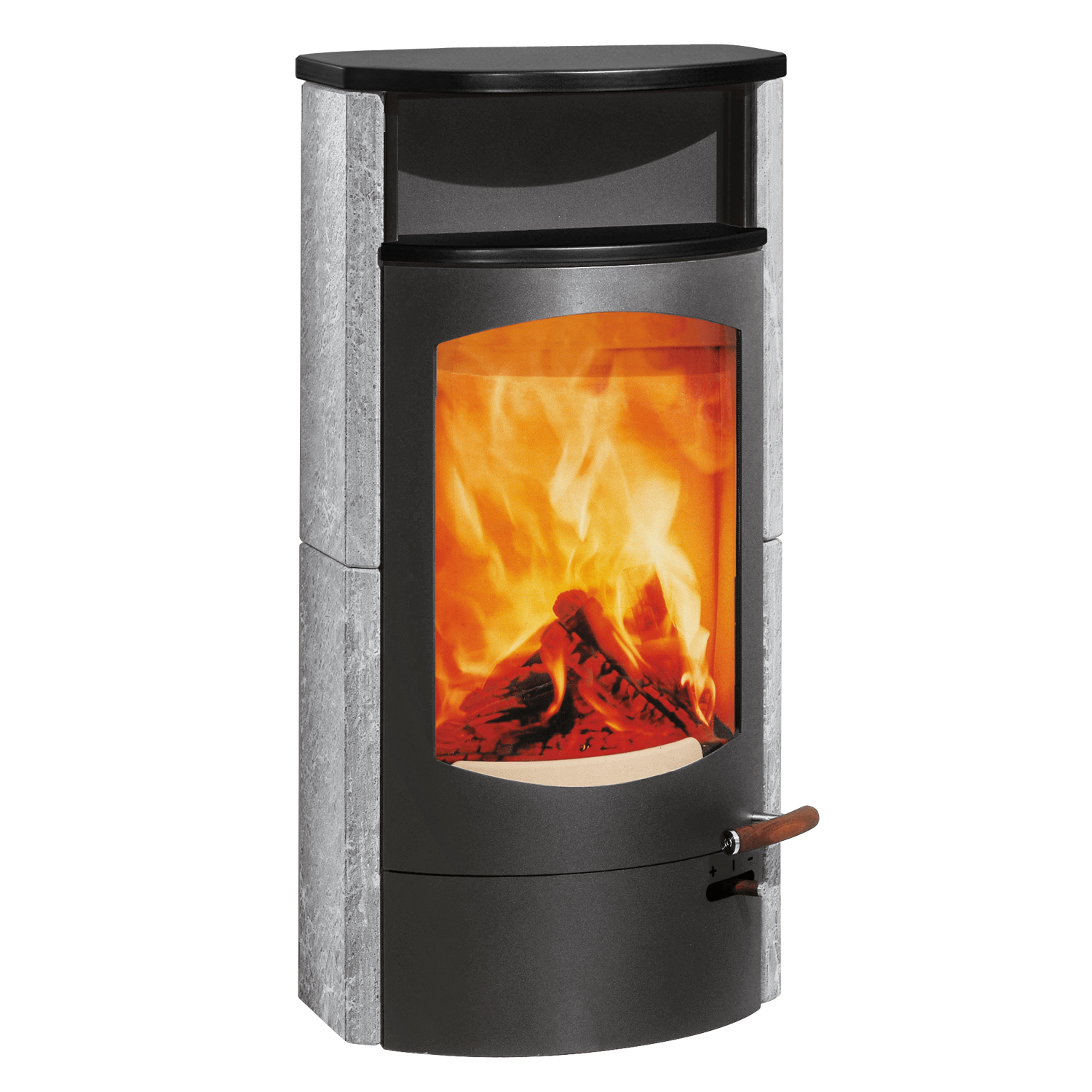 Austroflamm Koko 2.0 Kaminofen Speckstein, Warmhaltefach Keramik Schwarz matt, Topplatte Keramik Schwarz matt, RRA hinten