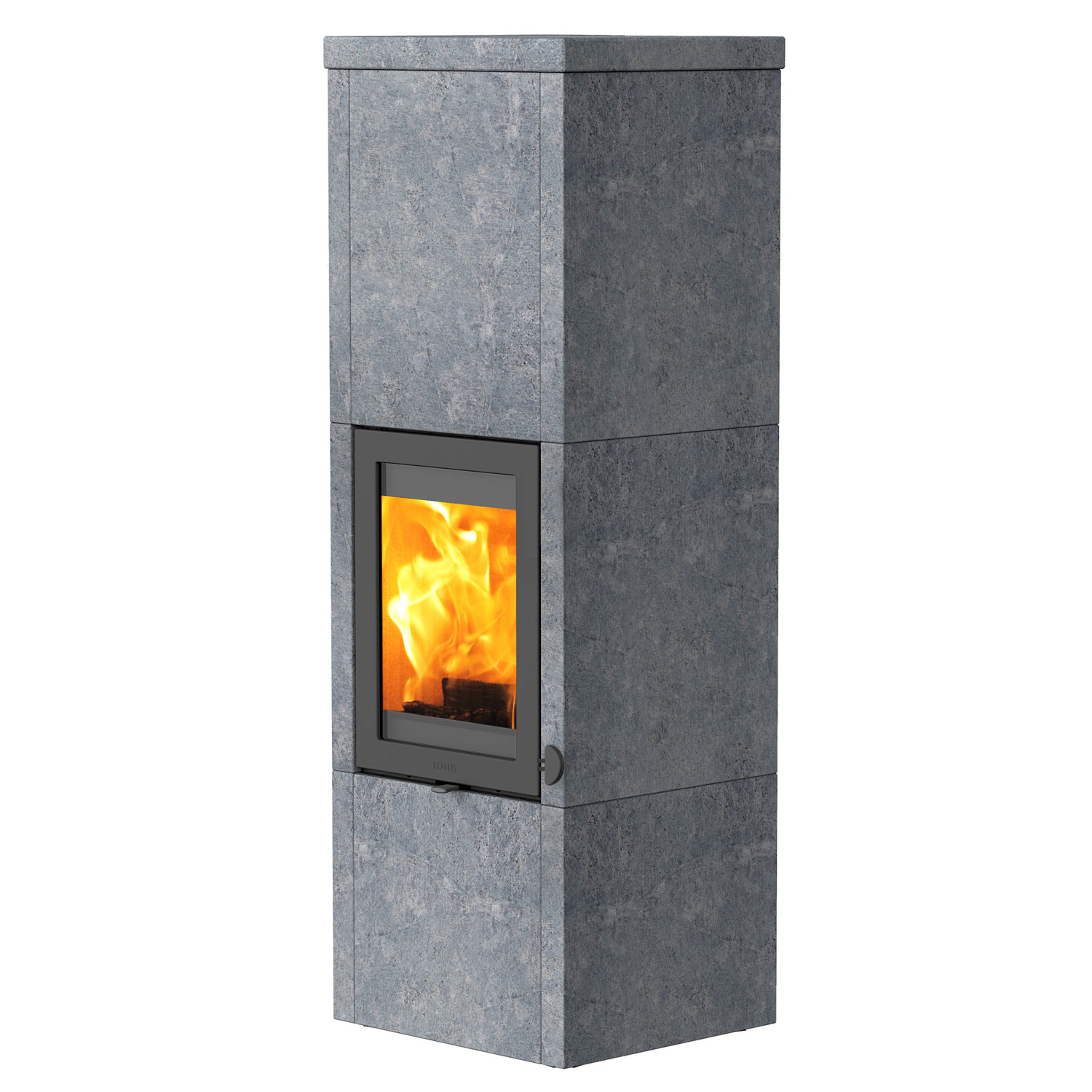 Lotus QM40 Kaminofen Speckstein, Tür Grau, Rauchabgang hinten Lotus QM40 Kaminofen Speckstein, Tür Grau, Rauchabgang hinten