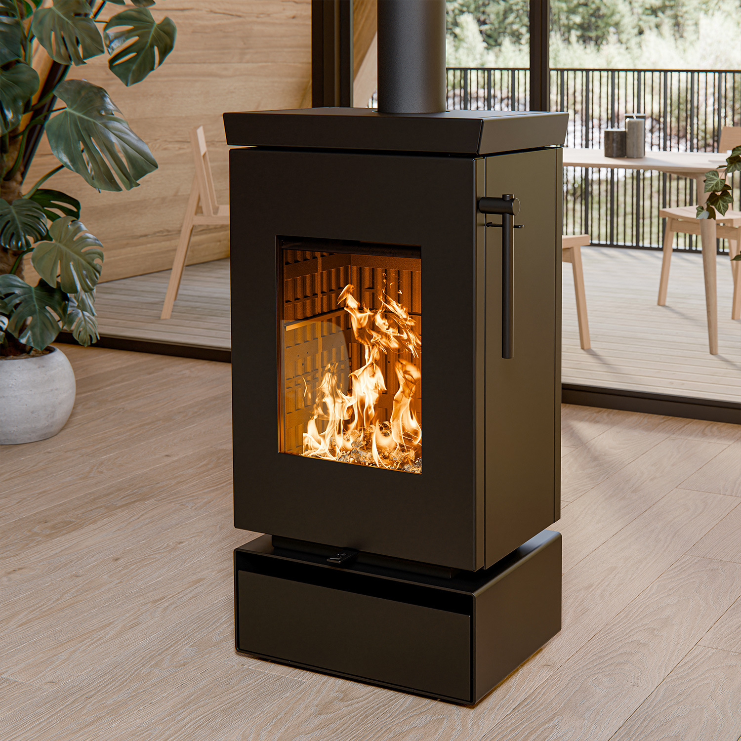 Thermorossi Zen W Kaminofen Stahl Schwarz mit Holzfach, Auslaufmodell