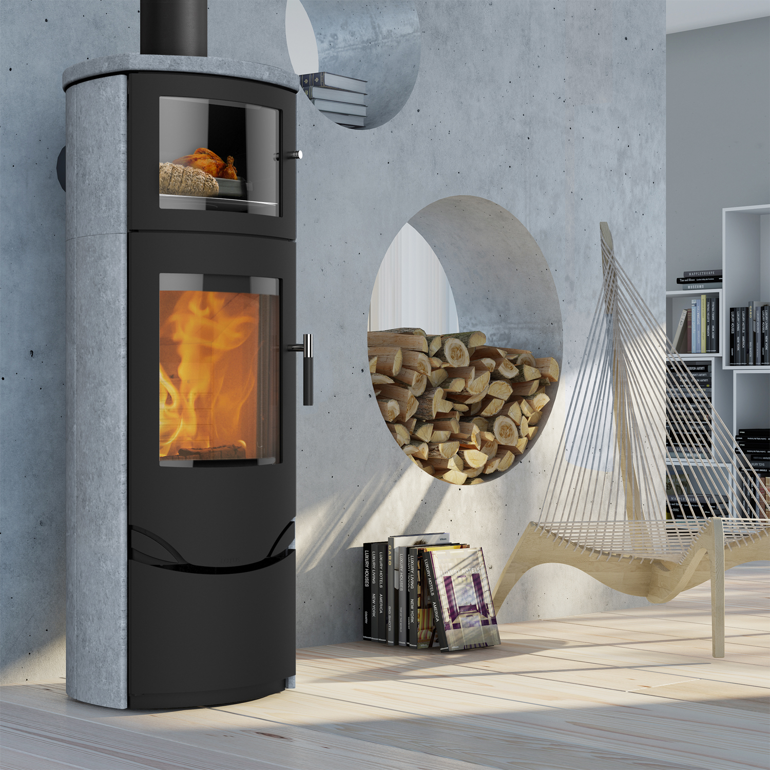 Lotus Prio 7M Kaminofen Schwarz/ Speckstein, Rauchabgang oben