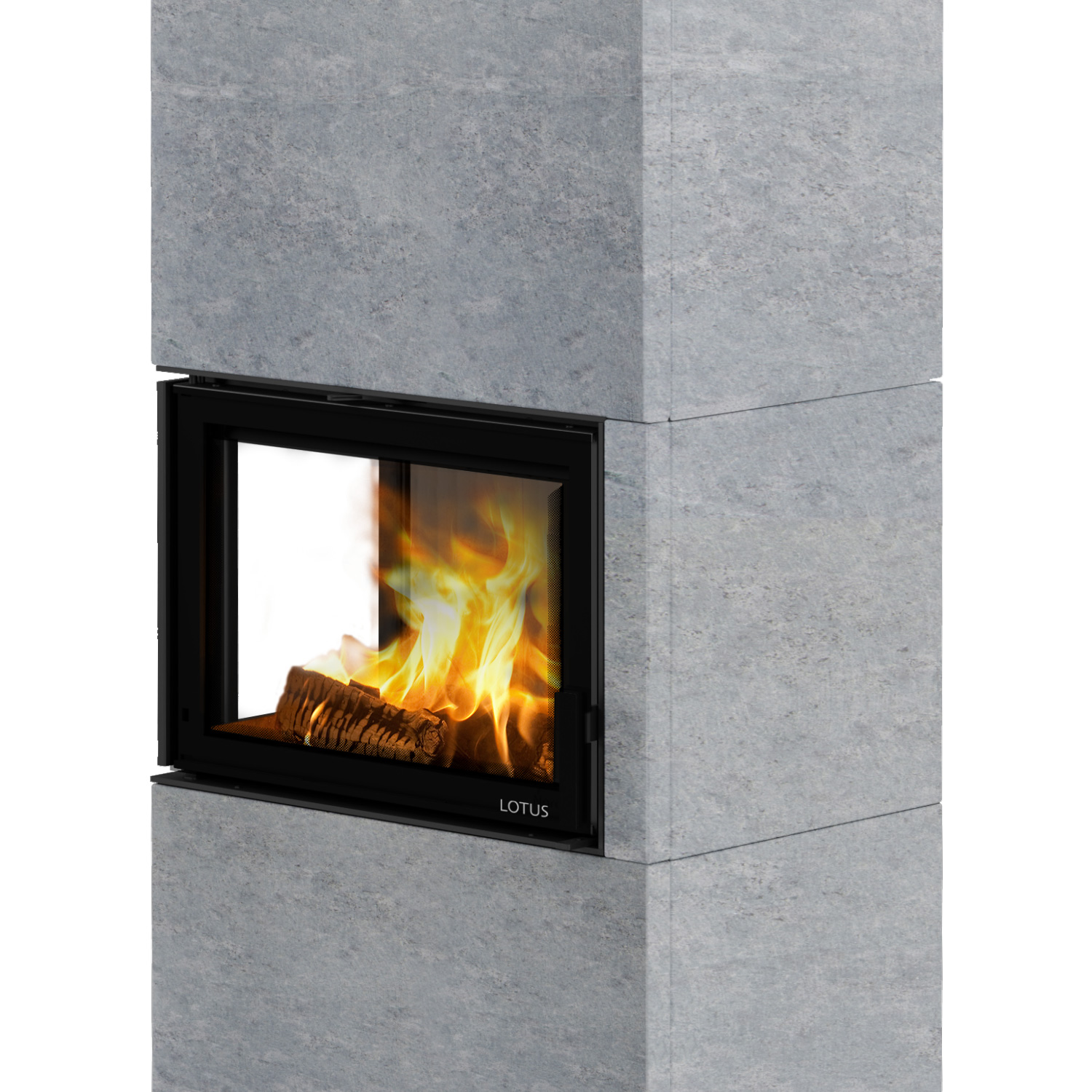 Lotus Visto L Kaminofen Speckstein, Seitenglas links, Rauchabgang oben