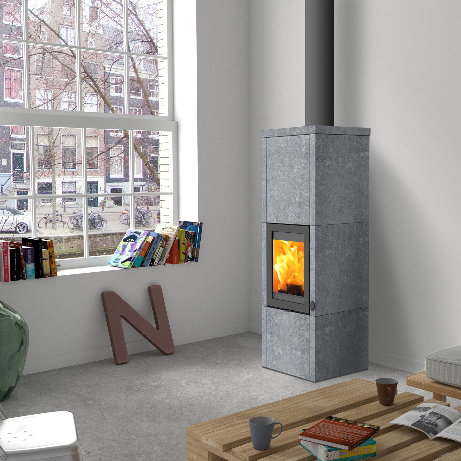 Lotus QM40 Kaminofen grau/ Speckstein inkl. PowerStones , RR oben / optional Griffvarianten