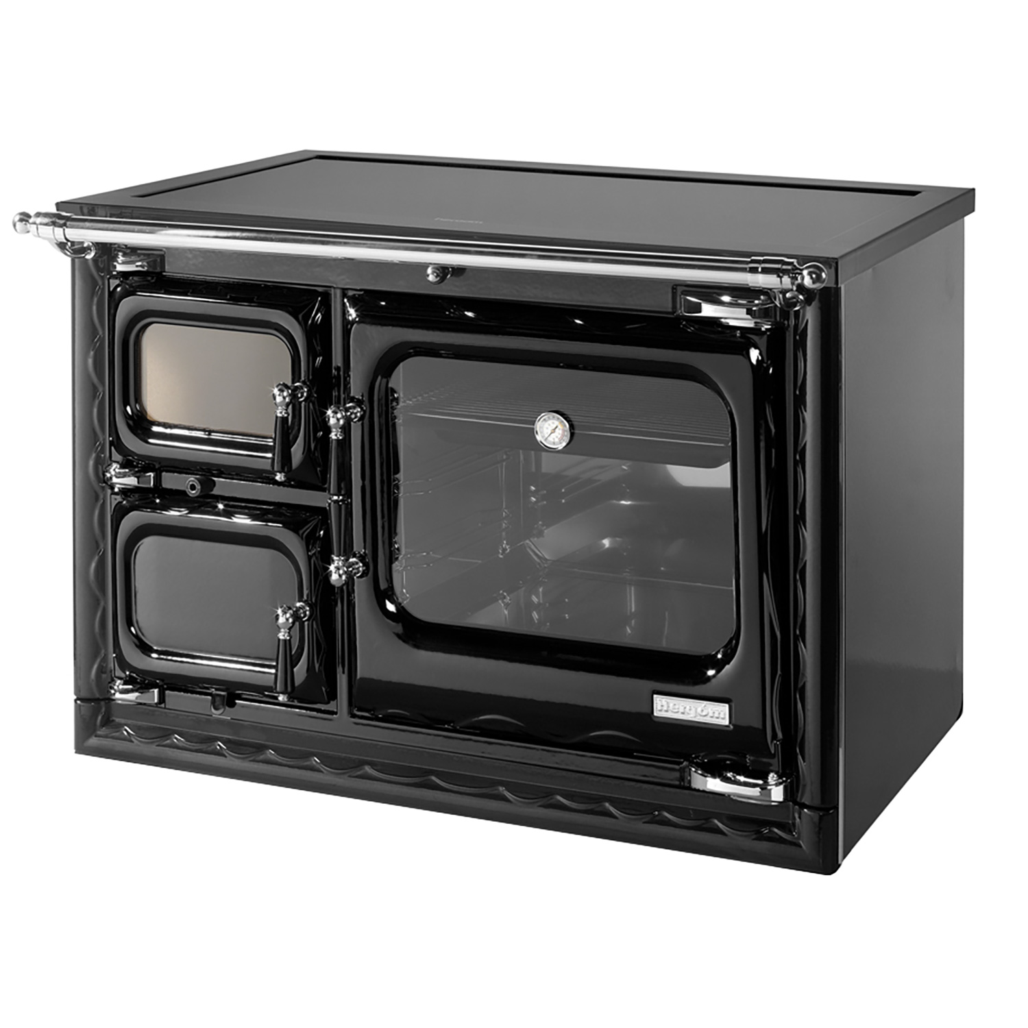 Hergom Deva 100 SE Isla Küchenofen Gusseisen schwarz, Herdplatte Glaskeramik, RR hinten