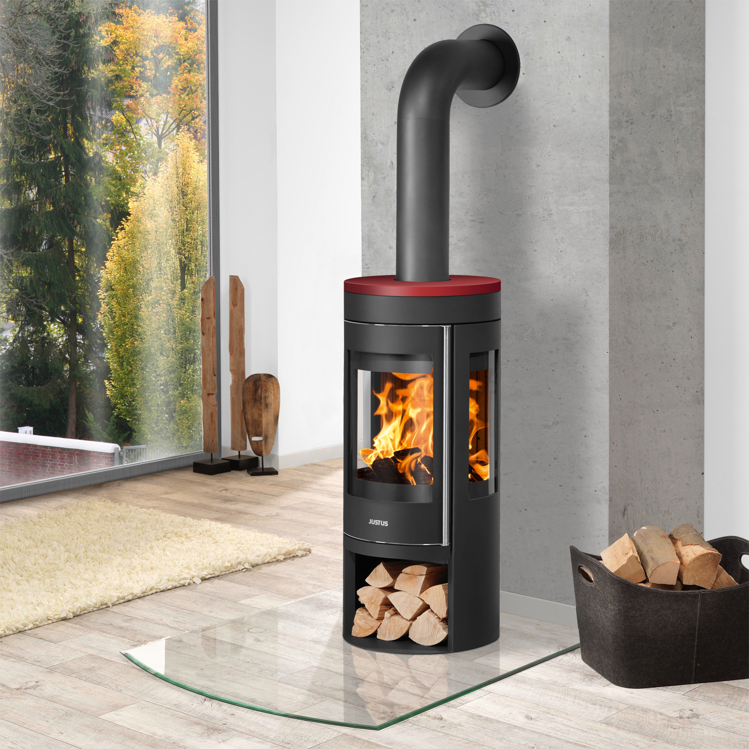 Justus Mino Trios 2.0 Kaminofen Stahl Schwarz mit Keramik-Abdeckplatte Bordeauxrot