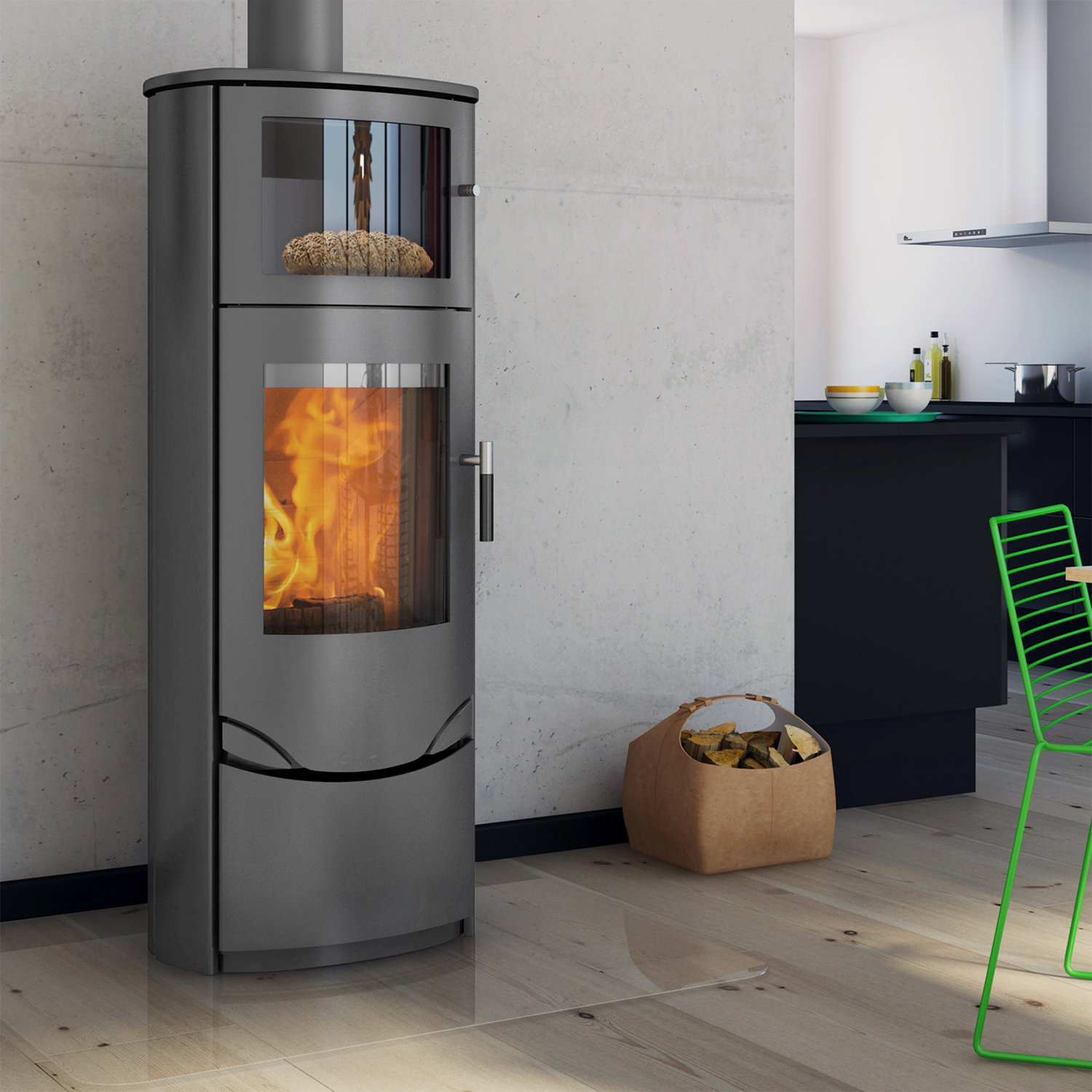 Lotus Prio 7 Kaminofen Grau mit Backfach, Rauchabgang oben