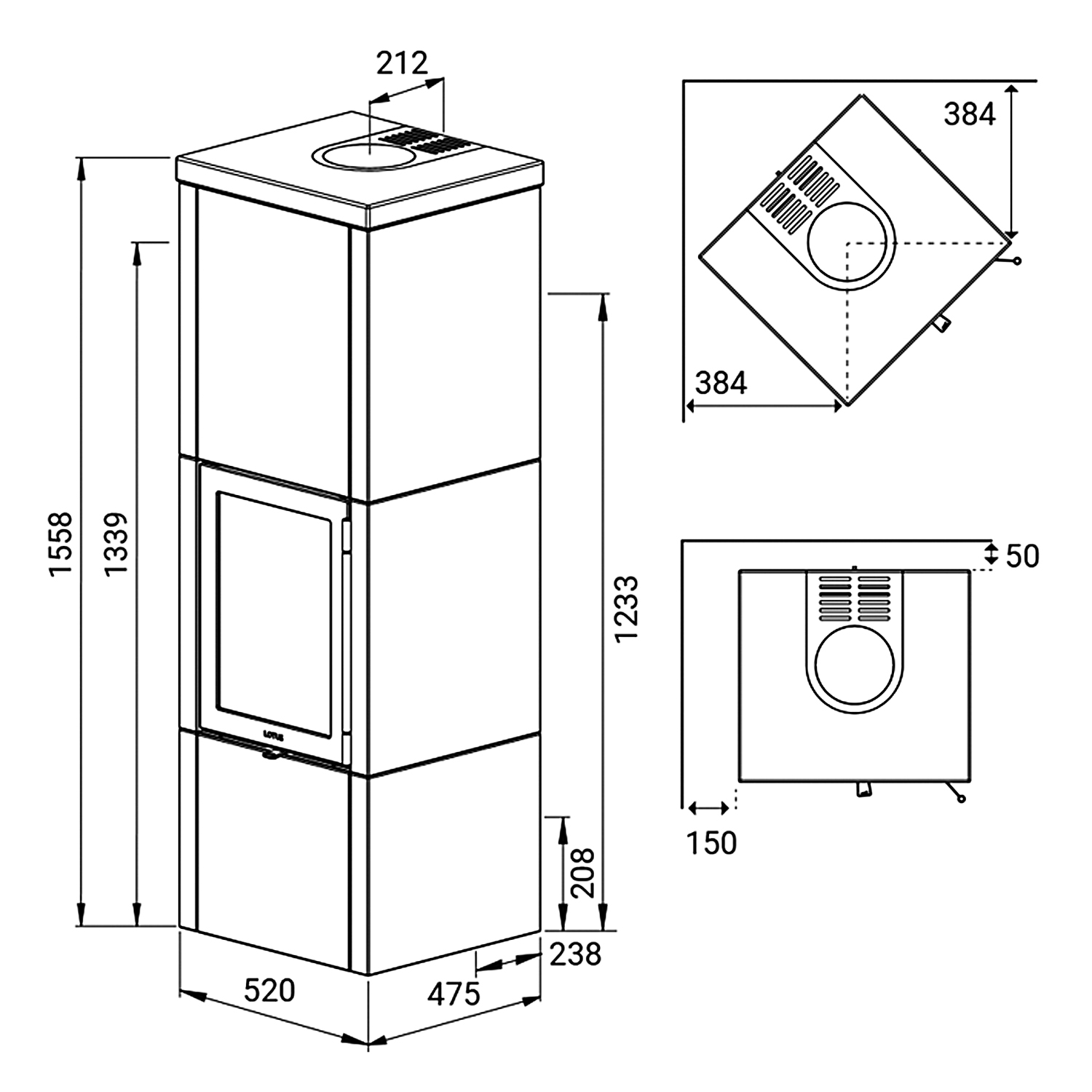 Lotus QM40 Kaminofen Speckstein, Tür Grau, Rauchabgang hinten Lotus QM40 Kaminofen Speckstein, Tür Grau, Rauchabgang hinten
