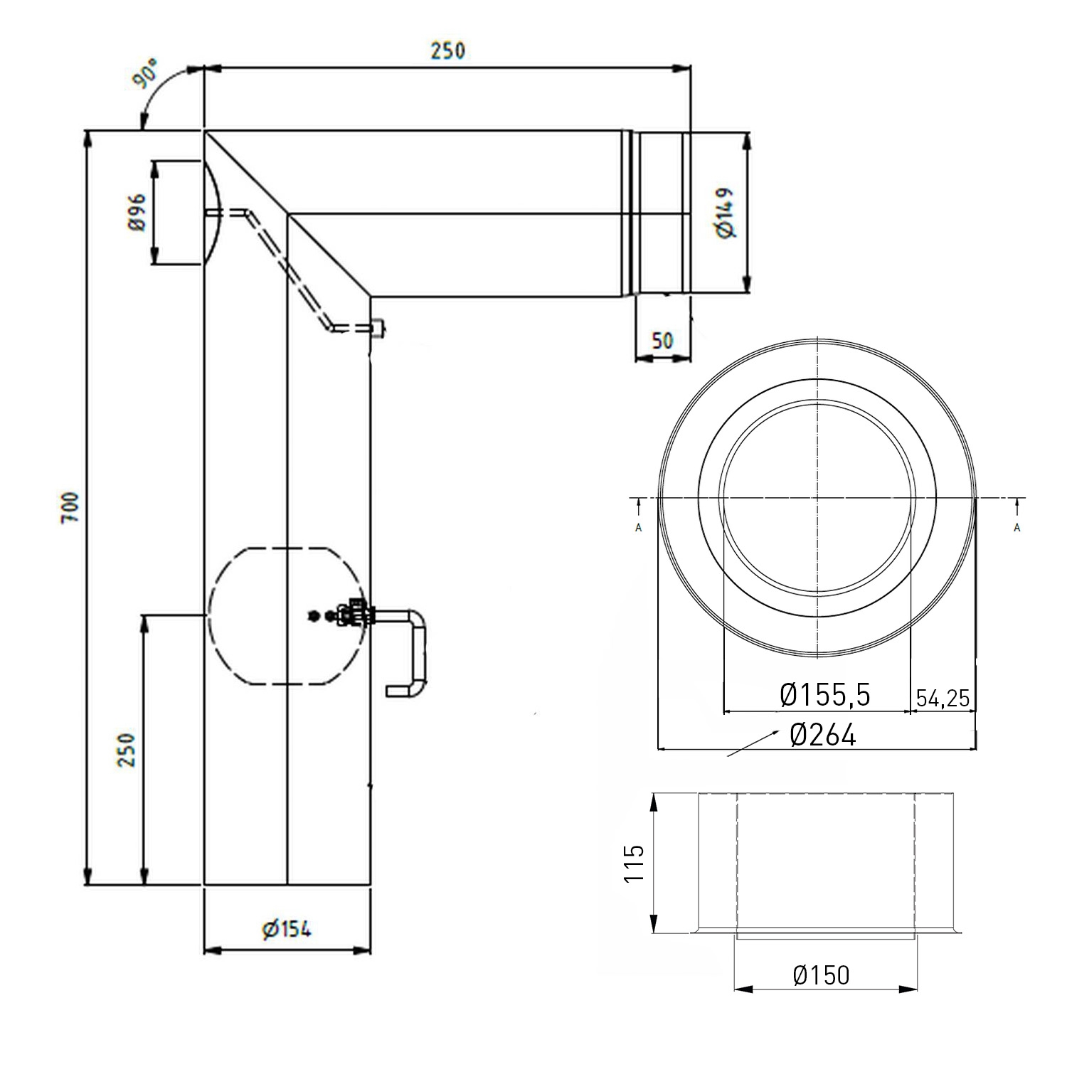 Raik WBG Set Lifestyle Durchmesser 150/90° 2,00mm 2-tlg 700/250 mit eingelegter Tür, mit DKL mit Dichtung schwarz für Rauchrohr/ Ofenrohr