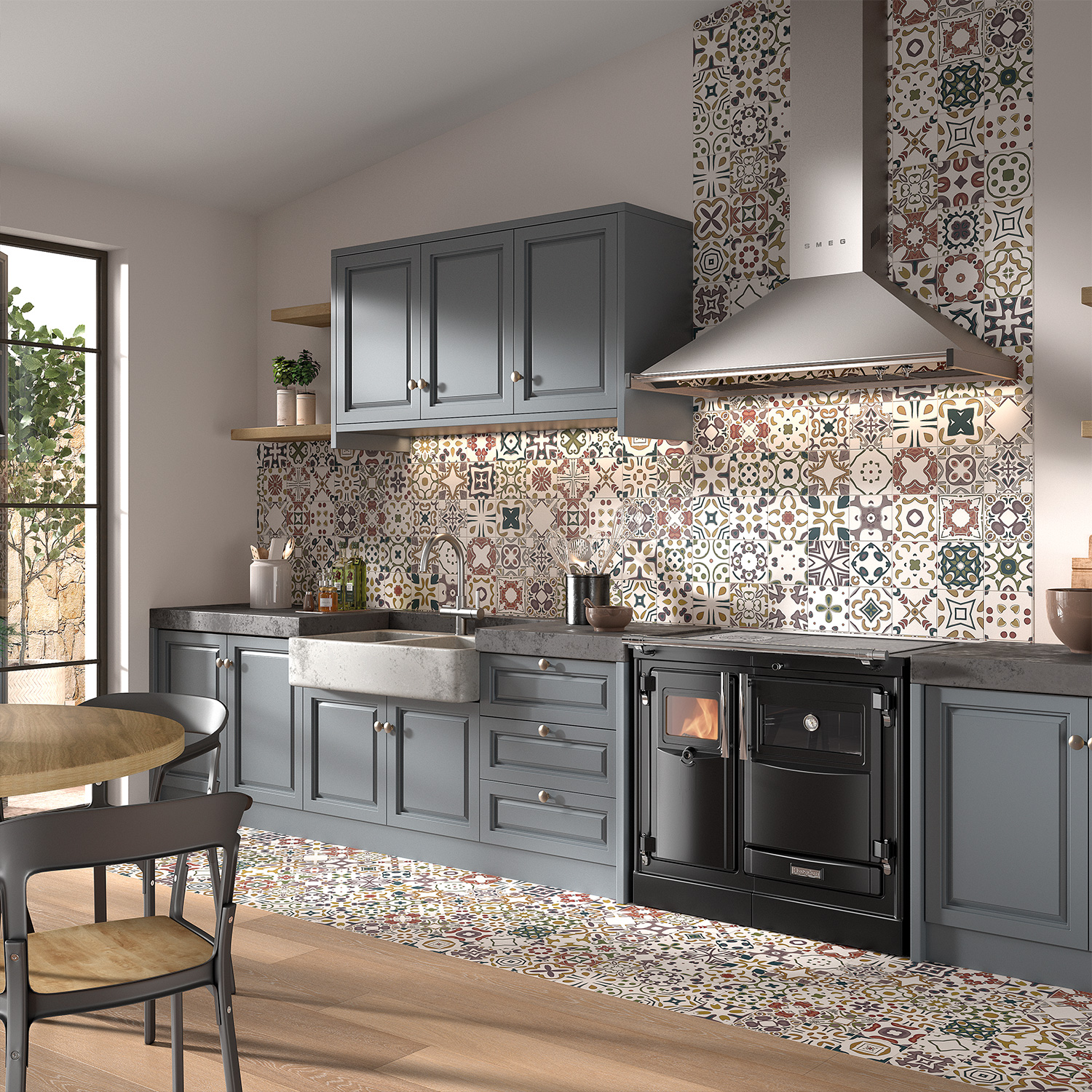 Hergom PAS 90 SE Küchenofen Gusseisen schwarz, Herdplatte Glaskeramik, RR hinten