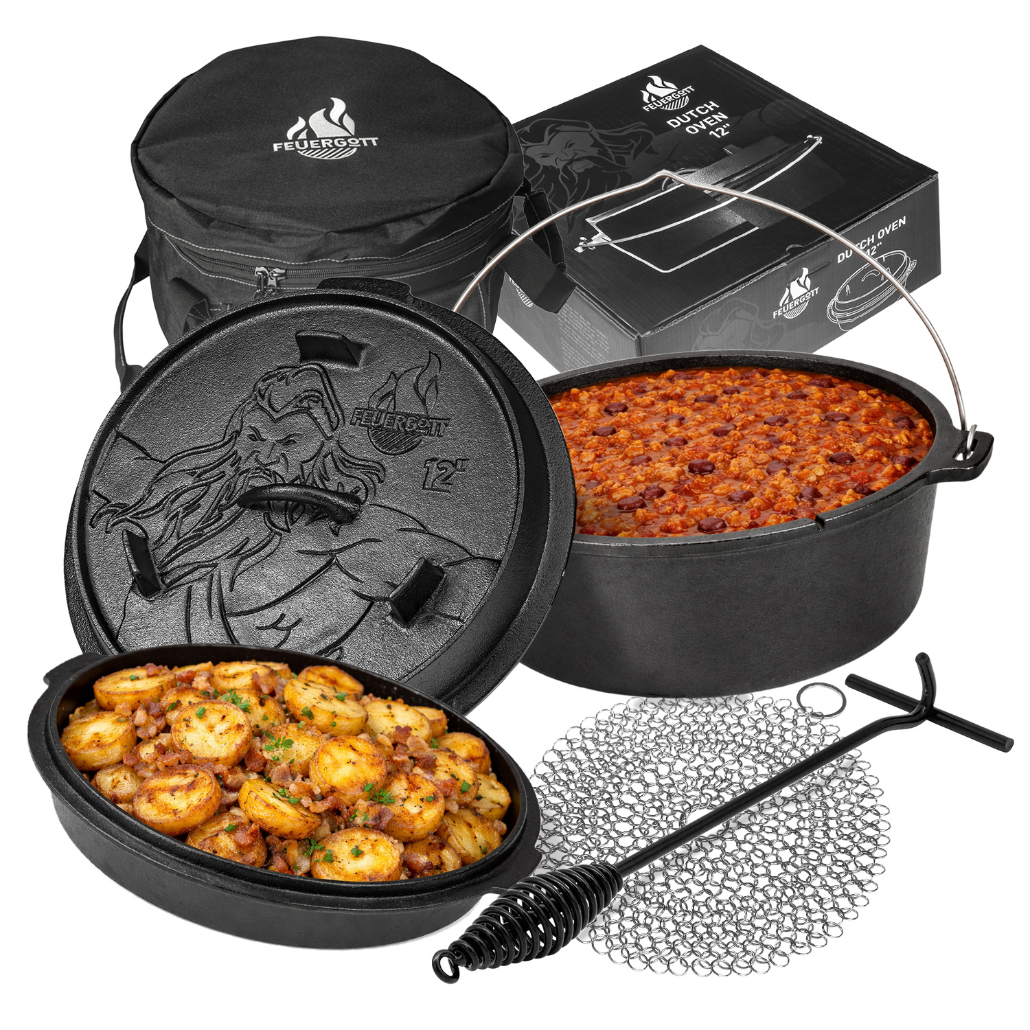 Feuergott Dutch Oven Set 6 l mit Deckelheber Ringreiniger Transporttasche