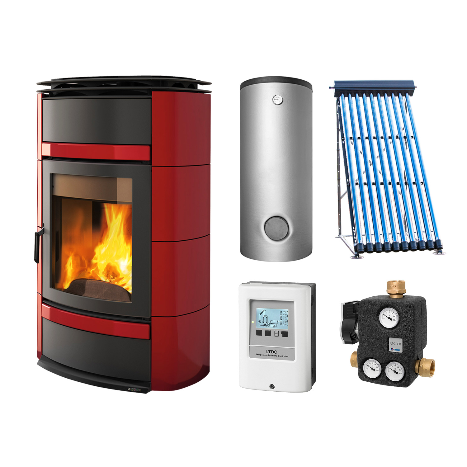 La Nordica Norma S Idro DSA Wasserführender Kaminofen + Solarthermie-Set 4 (15,17 m²) + Hygienespeicher SHS 900 + 1 SWT