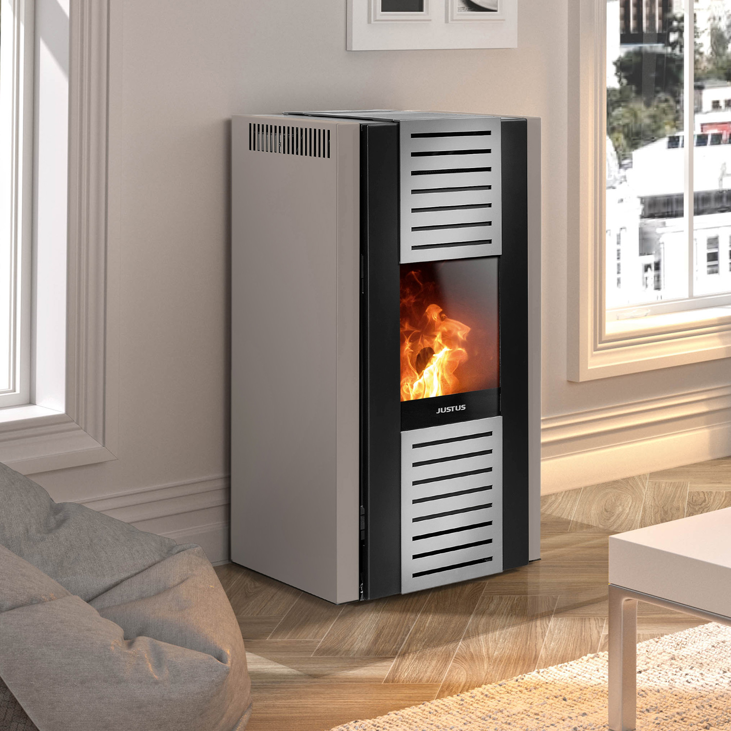 Justus Sirkos Aqua 2.0 Wasserführender Pelletofen Stahl Taupe Justus Sirkos Aqua 2.0 Wasserführender Pelletofen Stahl Taupe