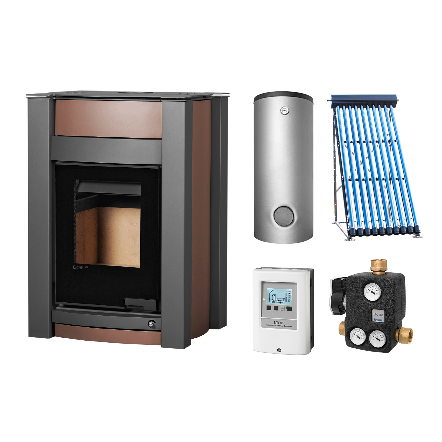 Aquaflam Vario Kalmar Basic Brown Set + Solarthermie-Set 2 (11 m²) + Kombispeicher THKE 600 + SWT