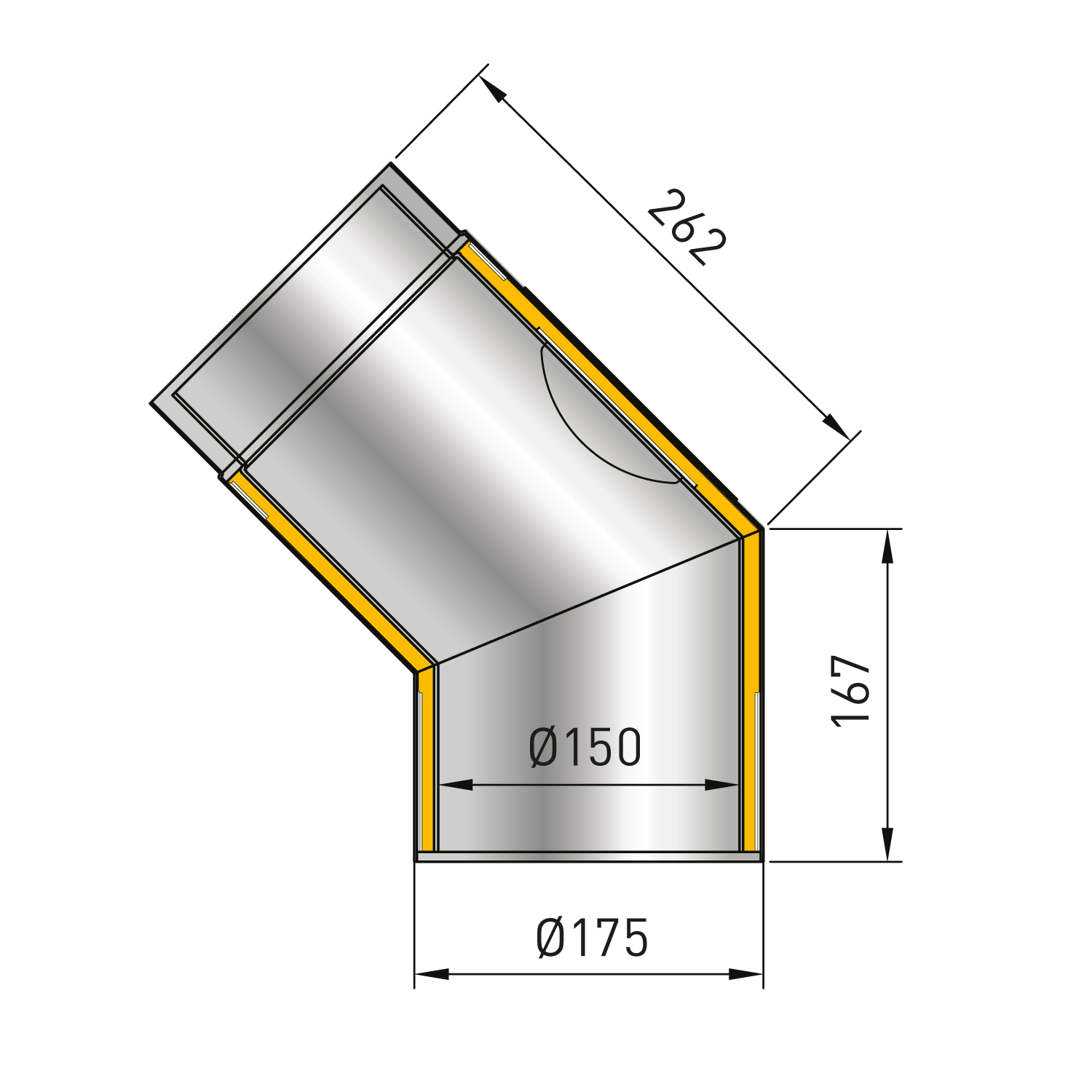 Raik Izoker Rauchrohrbogen 150mm schwarz doppelwandig 45° mit Tür für Rauchrohr / Ofenrohr