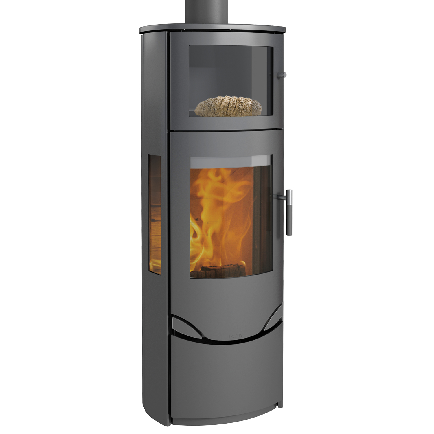 Lotus Prio 7 Kaminofen Stahl Grau mit Backfach / Seitenglas , RR hinten od. RR oben