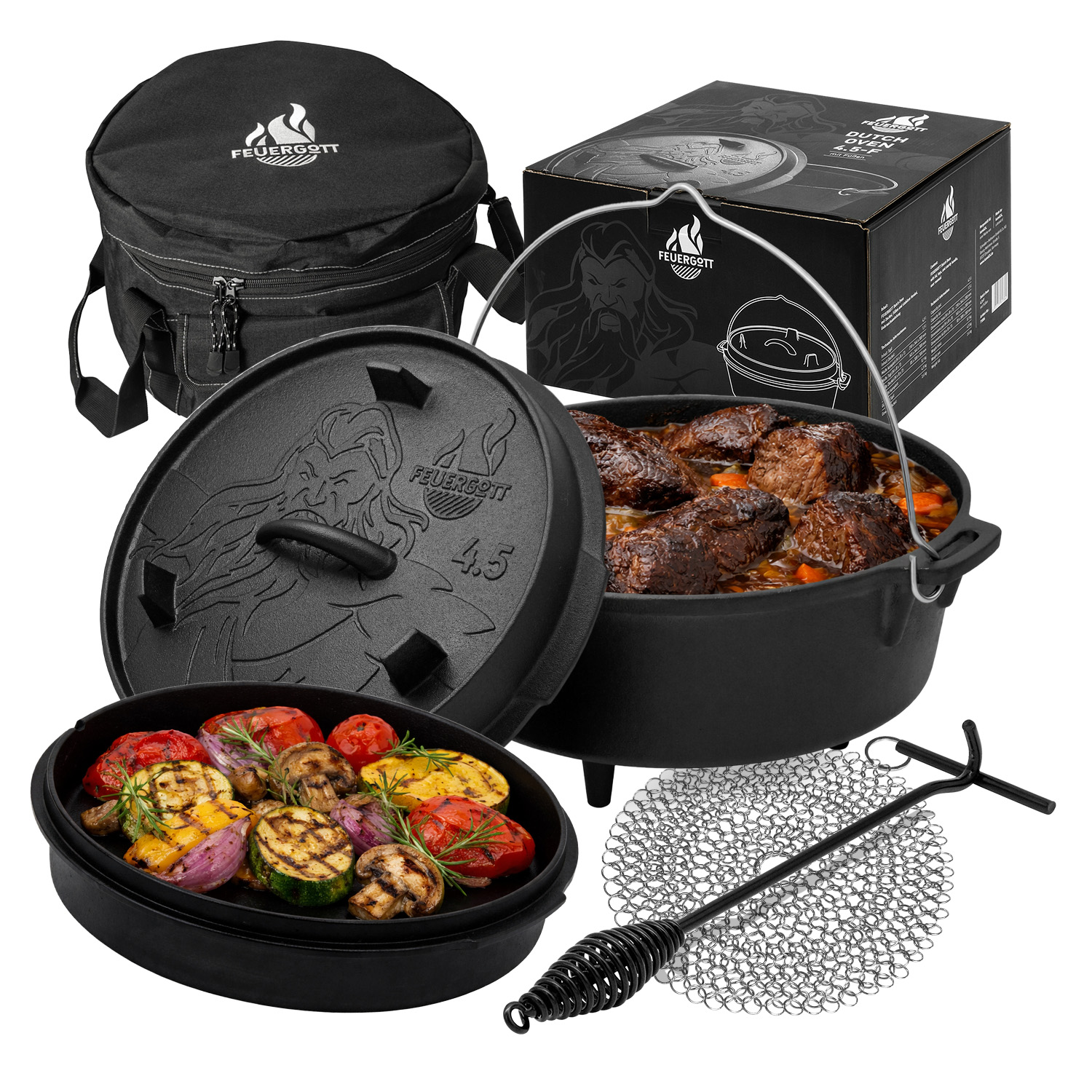 FEUERGOTT Dutch Oven 4,5 l mit Füßen im Set mit Tasche, Deckelheber und Ringreiniger