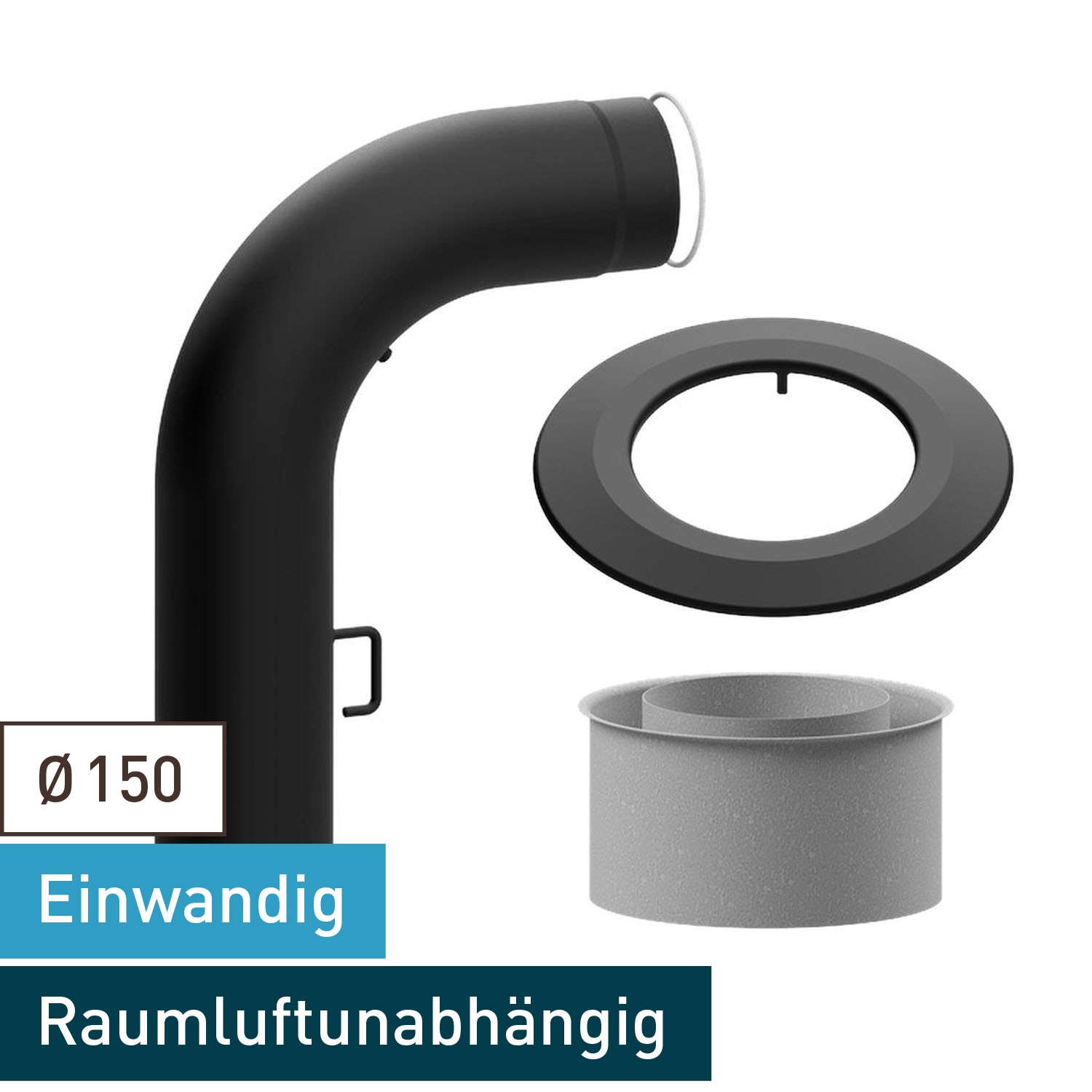 Raik WBG Set Lifestyle Durchmesser 150/90° 2,00mm glatt 700/450 mit eingelegter Tür, mit DKL mit Dichtung schwarz für Rauchrohr/ Ofenrohr