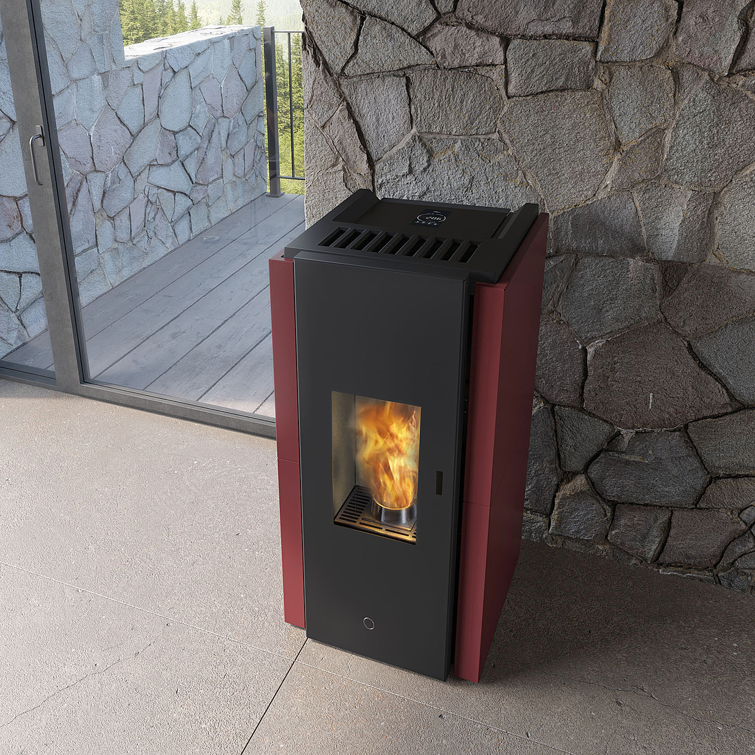 EK63 Zone80 Pelletofen Stahl Bordeaux Rauchrohr hinten