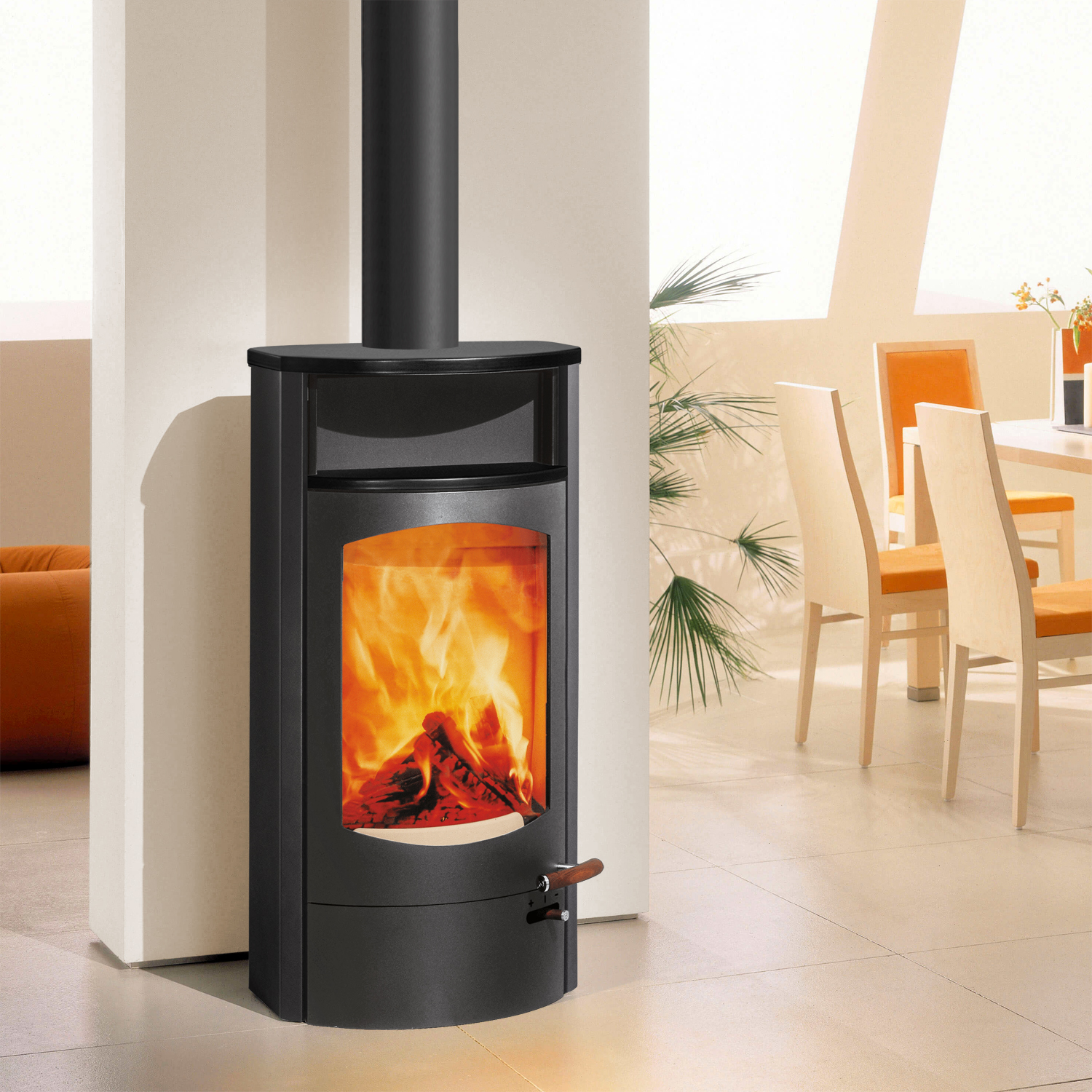 Austroflamm Koko 2.0 Kaminofen Stahl Gussgrau, Warmhaltefach Keramik Schwarz matt, Topplatte Keramik Schwarz matt, RRA oben