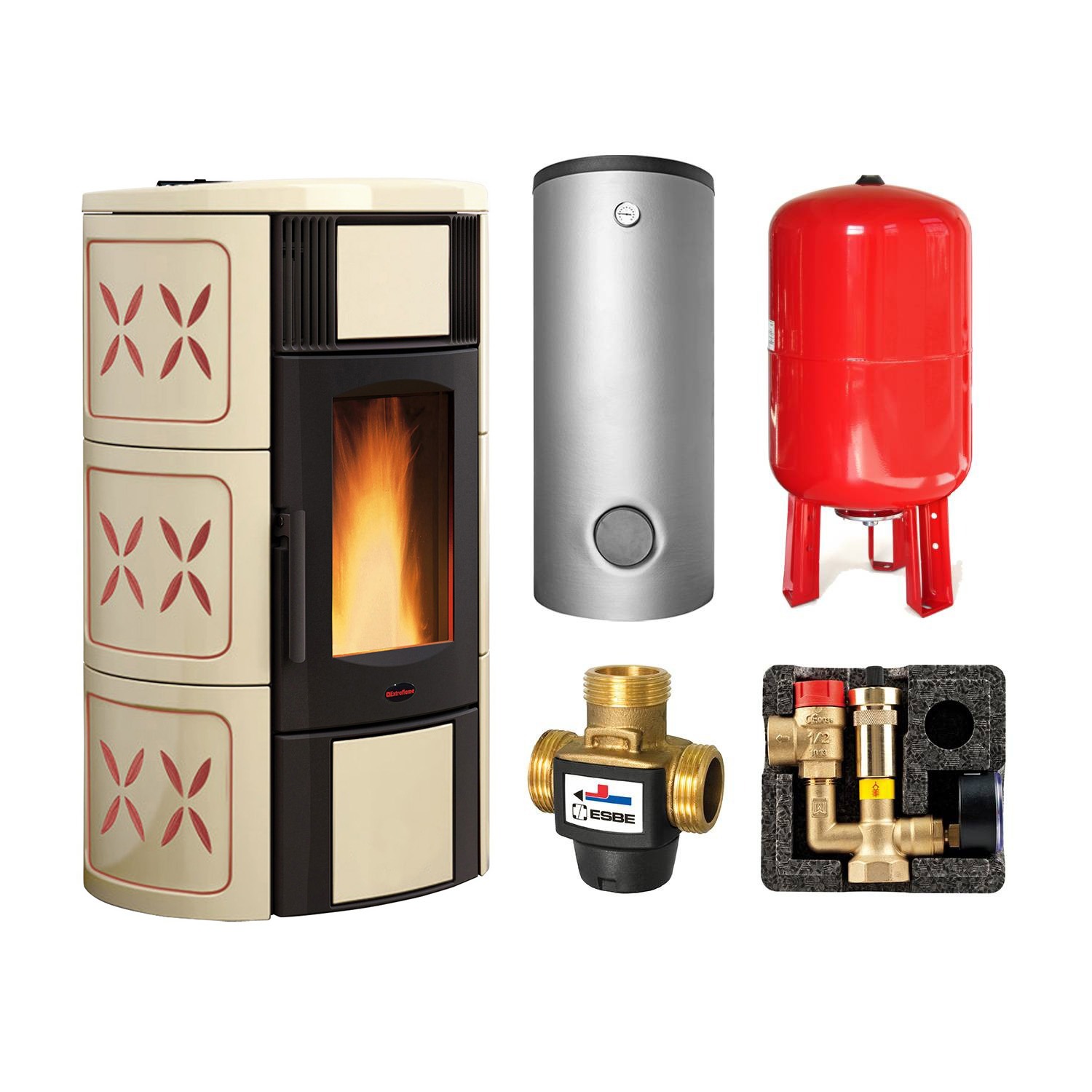 Extraflame ISIDE IDRO 5.0.16 wasserführender Pelletofen Pergament Amethyst - SHS 550 Hygiene-Schichtenkombispeicher montiert silber, 1xWT - Heizungsausdehnungsgefäß 80 L