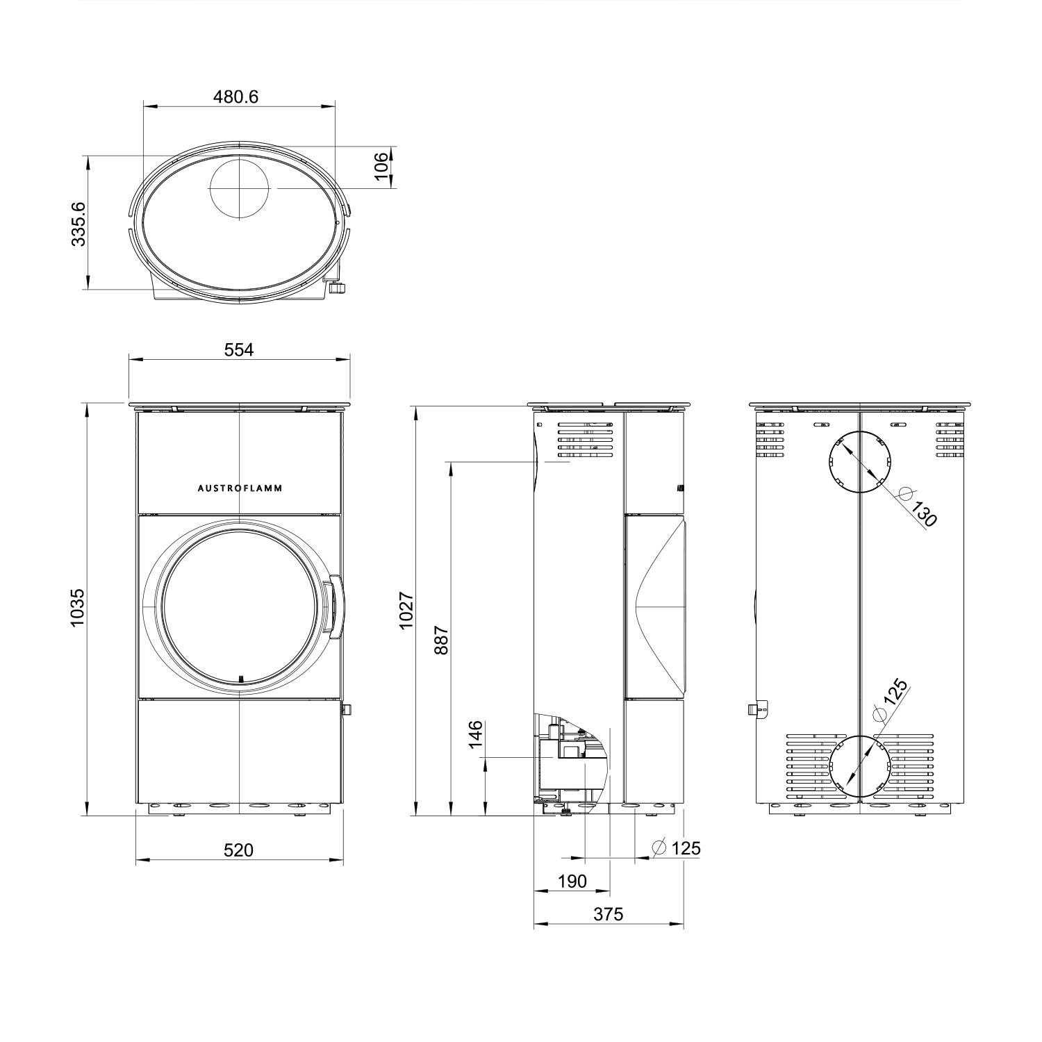 Austroflamm Clou compact Cook Kaminofen Stahl gussgrau, RR hinten + 1 m³ Kaminholz gratis