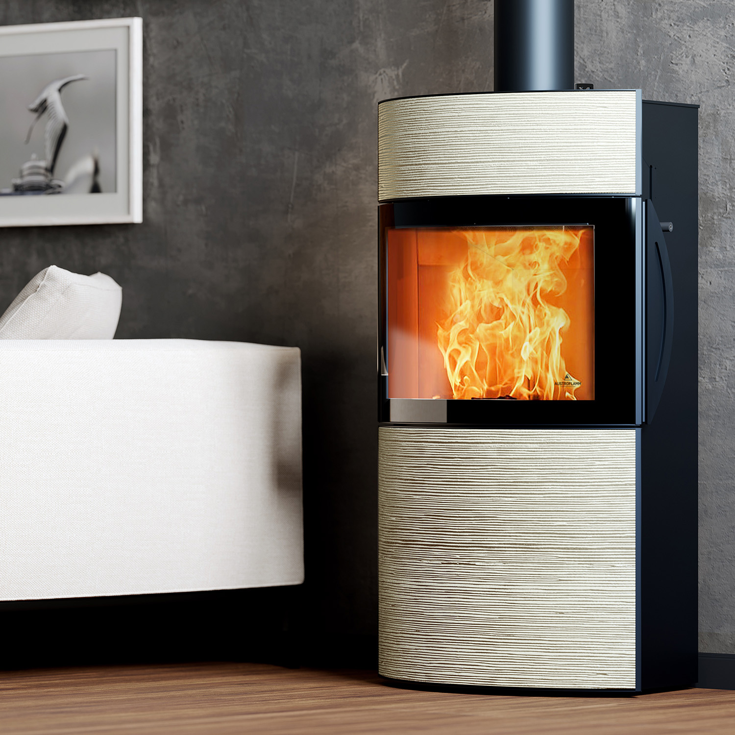 Austroflamm Fynn Xtra 2.0 Kaminofen Stahl schwarz / Keramik Rille Mondstein