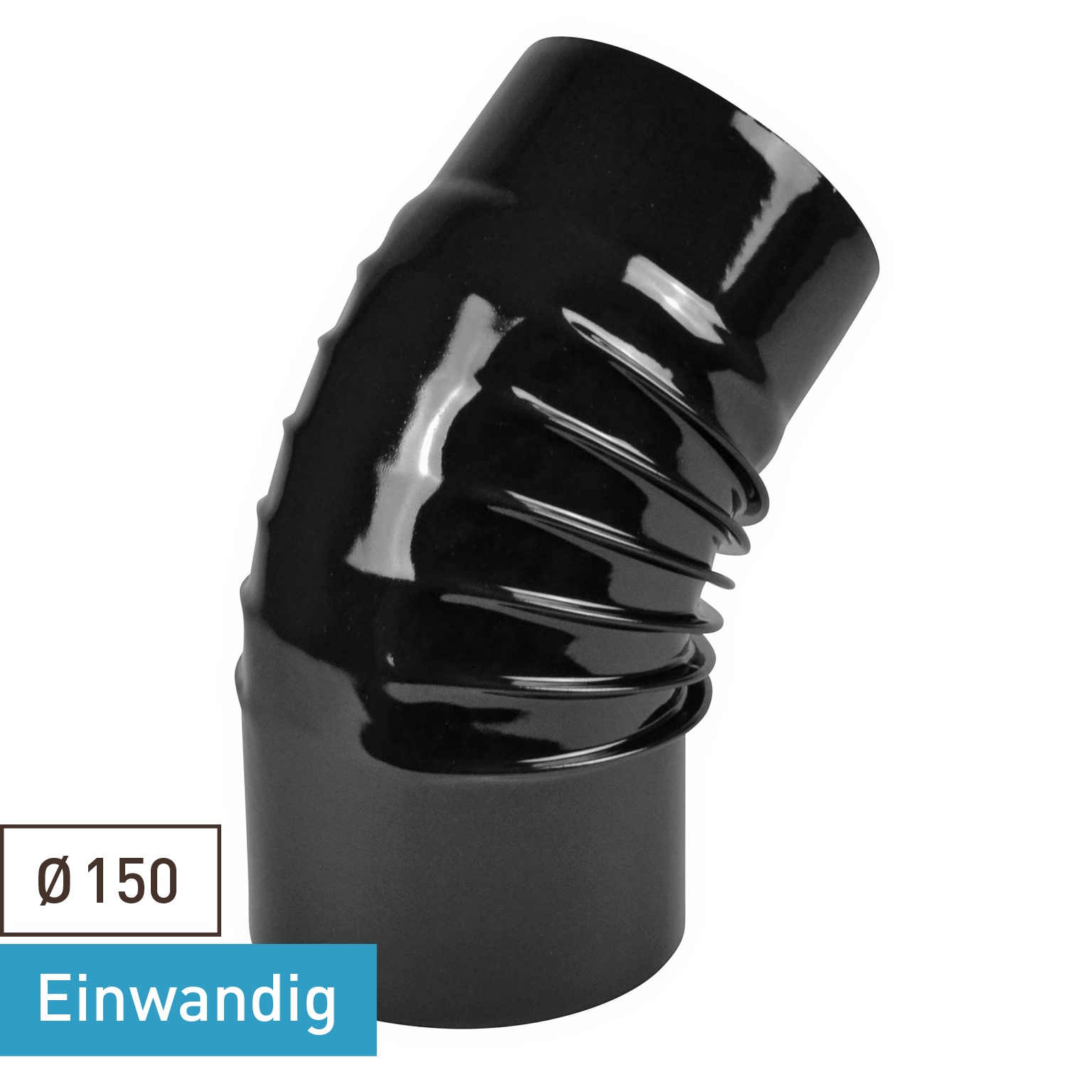 Raik Rauchrohrbogen / Ofenrohrbogen Emaille 150mm - 45° Bogen gerippt Schwarz