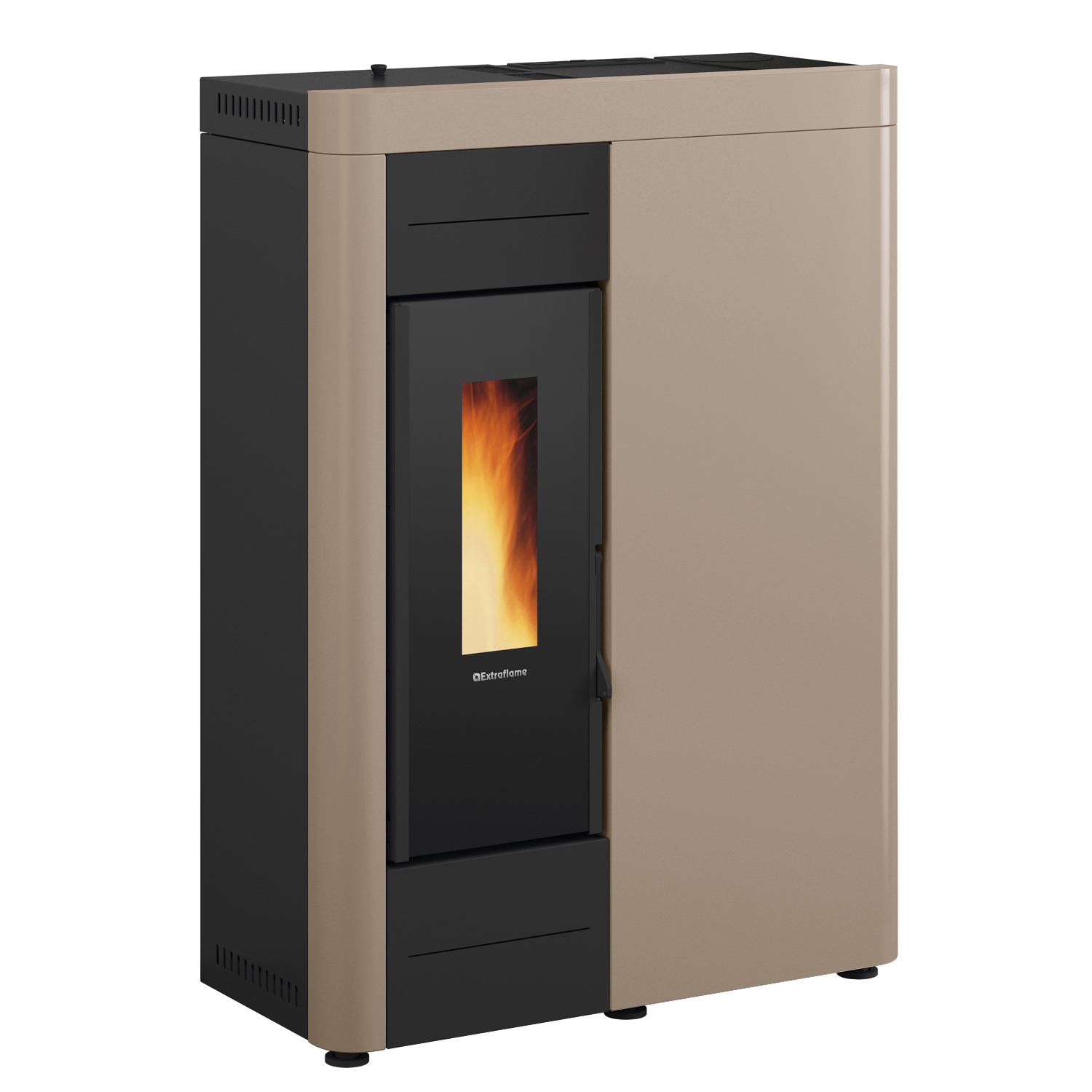 Extraflame VIRNA IDRO.16 wasserführender Pelletofen Stahl TOMA taupe - TPSM 600 Hochleistungs-Pufferspeicher montiert silber - Heizungsausdehnungsgefäß 80 L