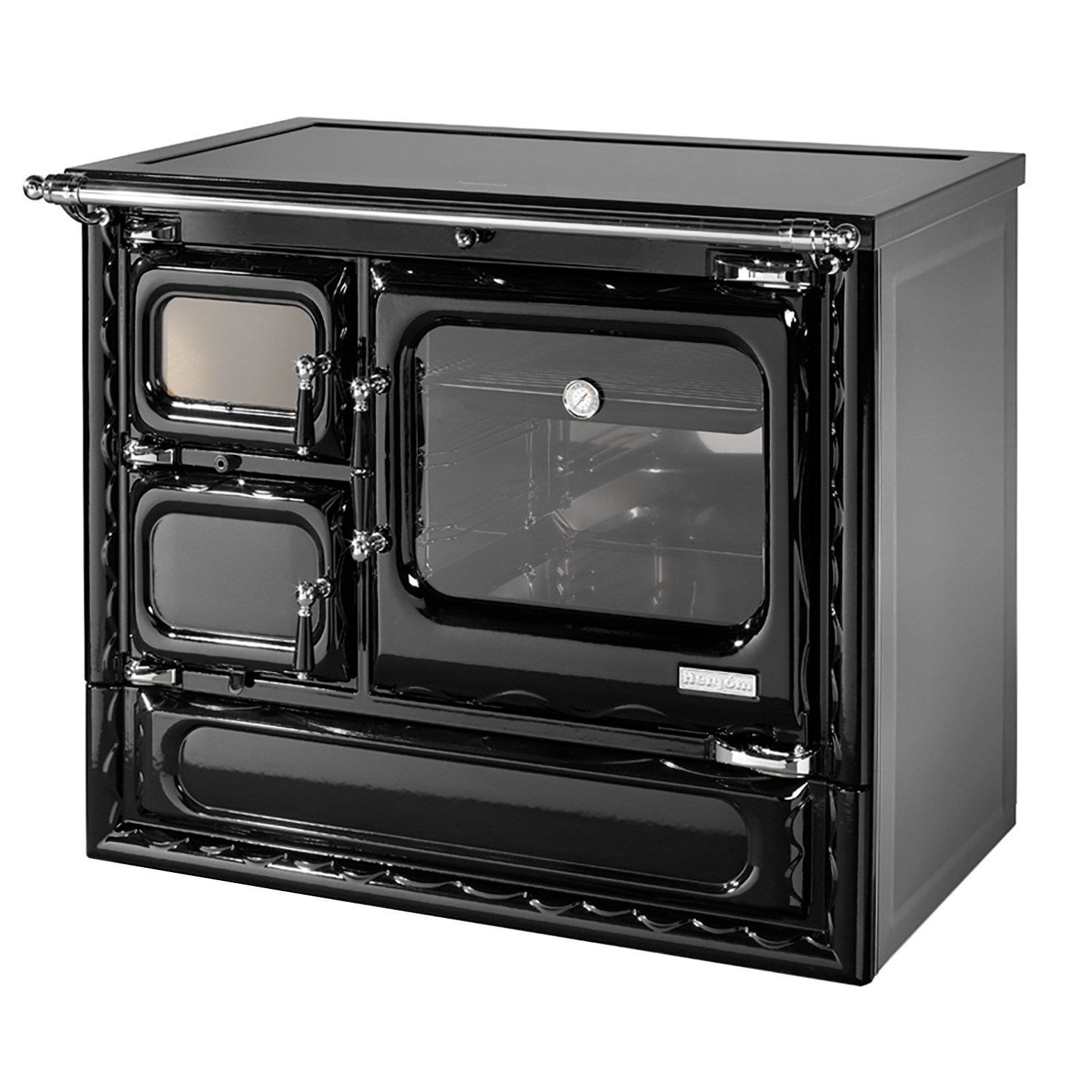 Hergom Deva 100 SE Küchenofen Gusseisen schwarz, Herdplatte Glaskeramik, RR hinten