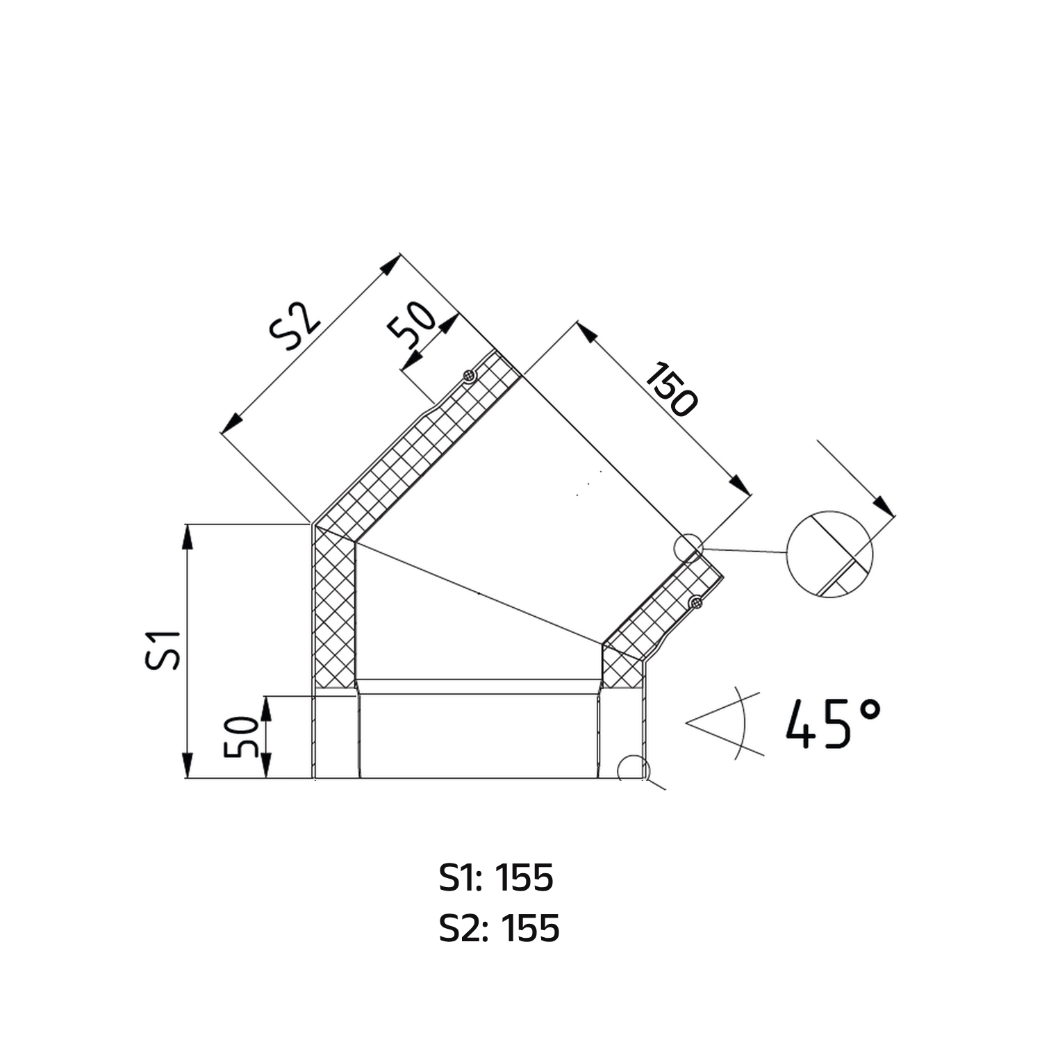 Raik Bogen LS DUO Durchmesser 150/45° eingezogen 2-tlg 155/155 mit Dichtung schwarz