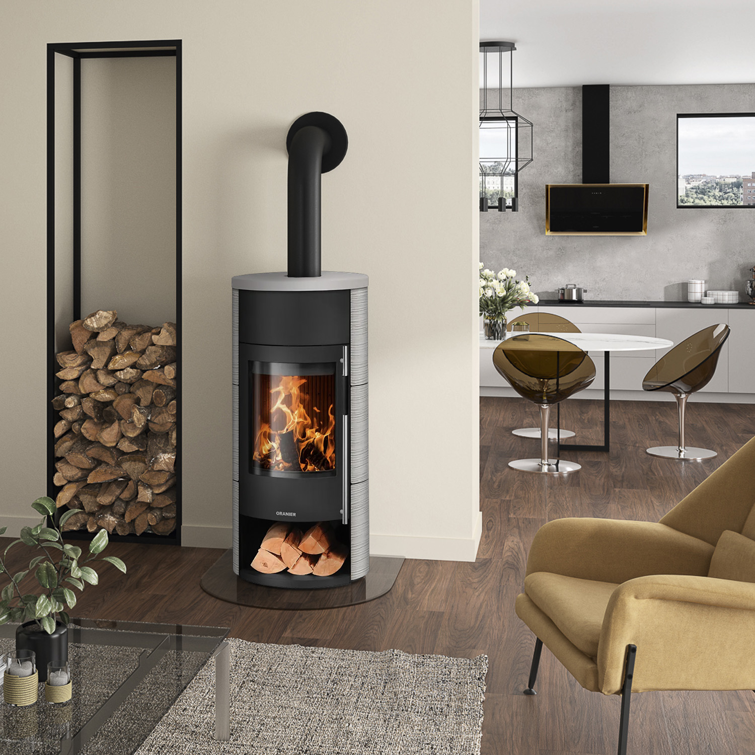 Oranier Polar Neo Aqua wasserführender Kaminofen Keramik Seidenweiß