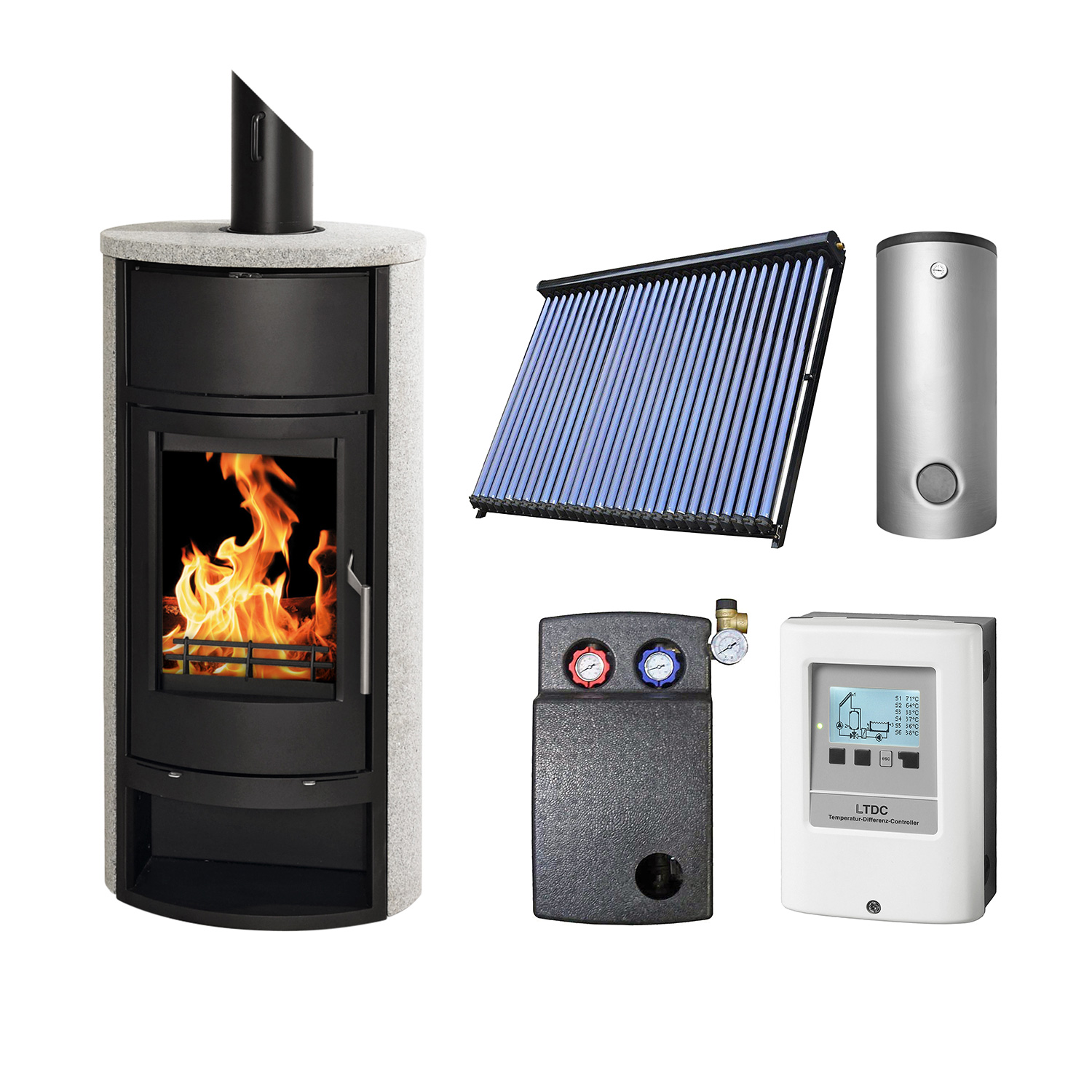 Schmitzker Faro Amber Wasserführender Kaminofen + Solar-Set 1 (7,52 m²) + Pufferspeicher TPSR 500 + 1 SWT