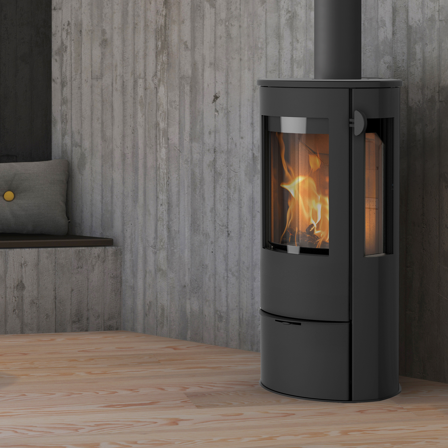 Lotus Liva 5 G Kaminofen Stahl Schwarz / Seitenglas, RR hinten od. RR oben / optional Griffvarianten