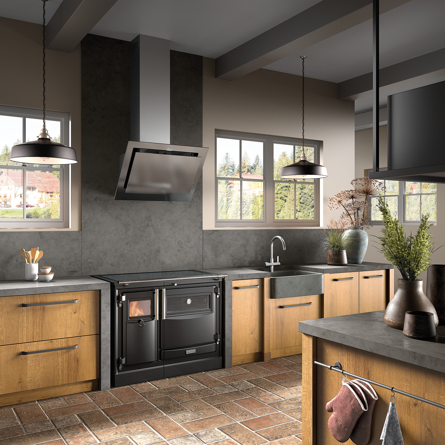 Hergom PAS 100 SE Küchenofen Gusseisen schwarz, Herdplatte Glaskeramik, RR hinten