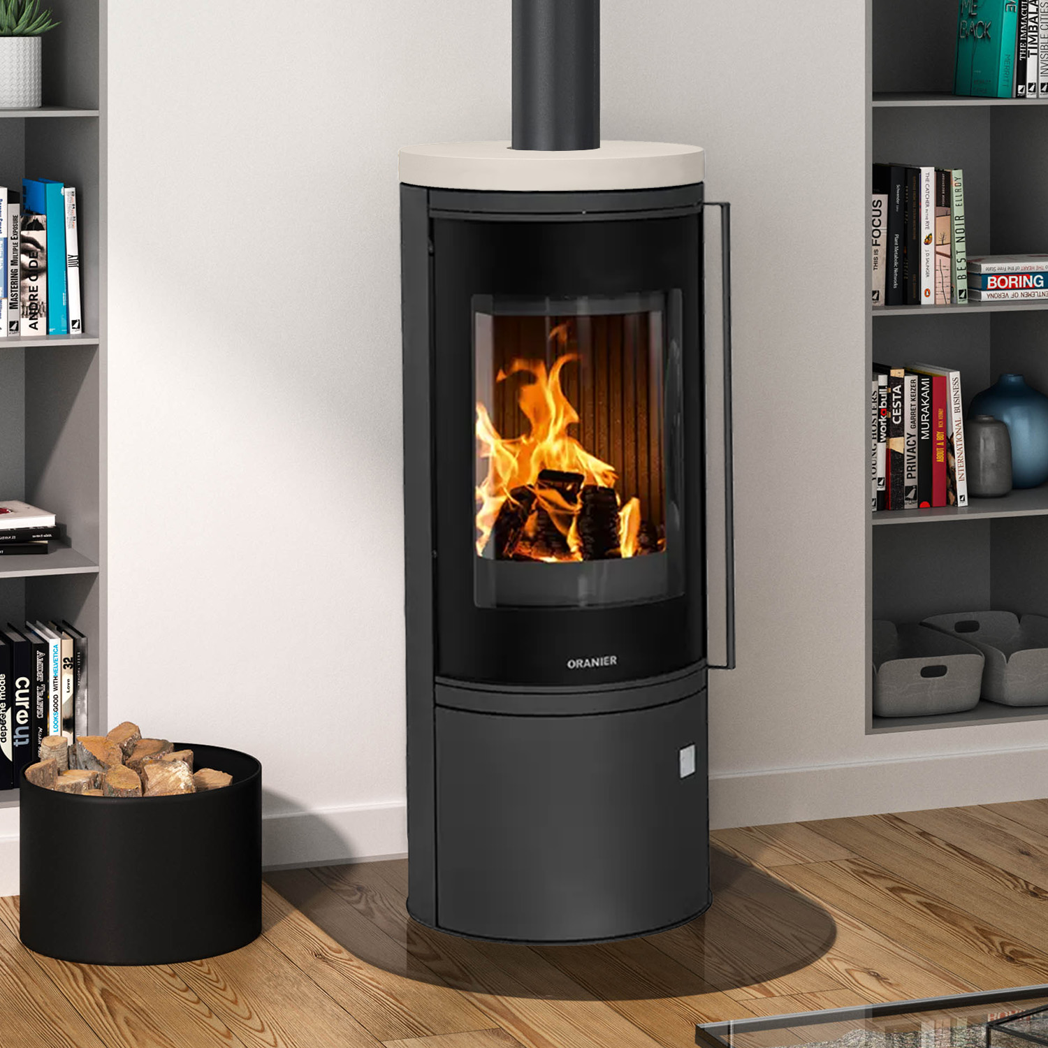 Oranier Arena 2.0 Kaminofen Stahl Schwarz mit Abdeckplatte Kalkstein Cream