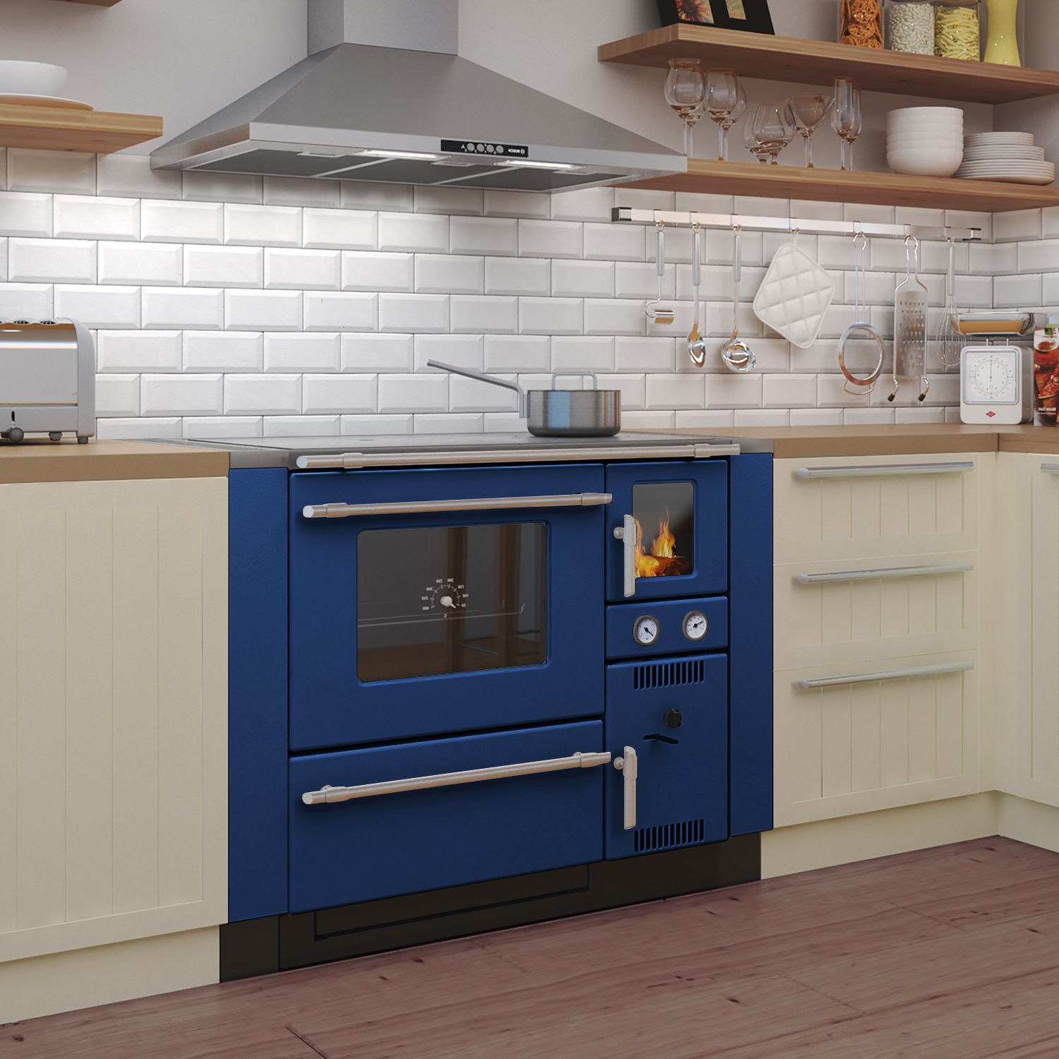 Wamsler K 148 F Küchenofen wasserführend Blau/Matt, Rauchrohr links Wamsler K 148 F Küchenofen wasserführend Blau/Matt, Rauchrohr links
