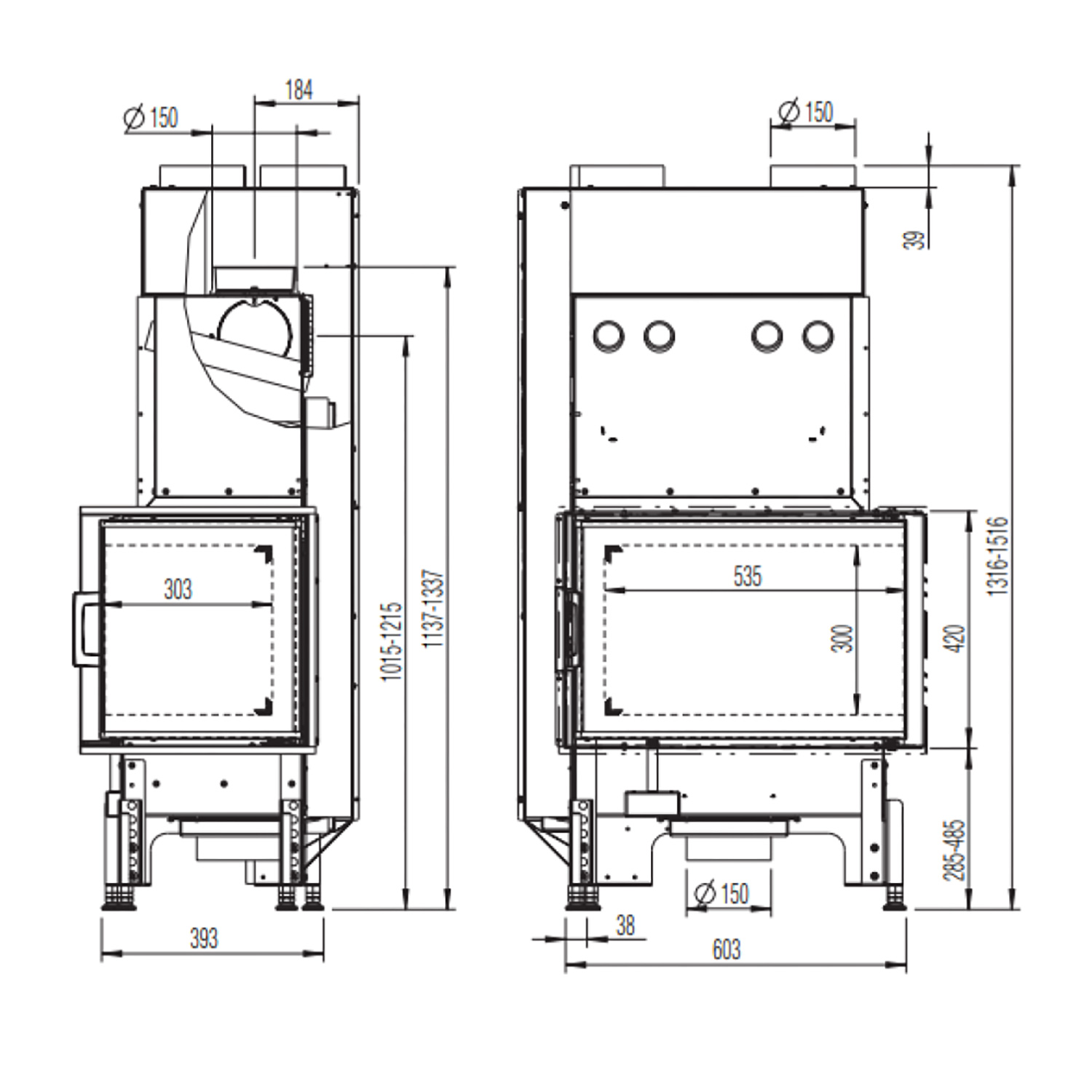 Austroflamm 63x40x42 K 2.0 Kamineinsatz Ecke rechts Feuerraum Schwarz