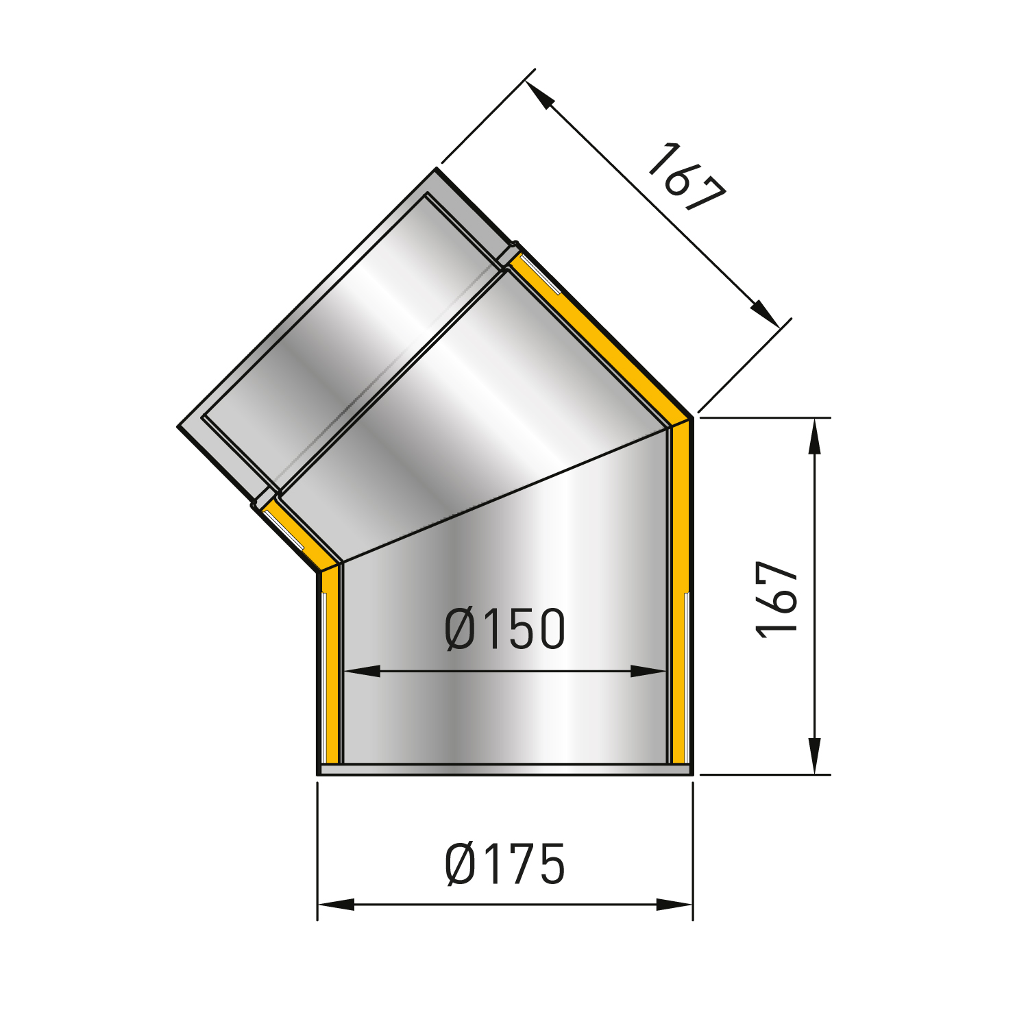 Raik Izoker Rauchrohrbogen 150mm schwarz doppelwandig 45° ohne Tür für Rauchrohr / Ofenrohr
