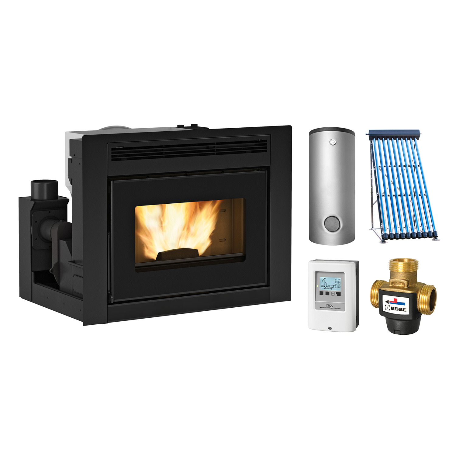 Extraflame Comfort Idro L80 + Solarthermie-Set 2 (11 m²) + Kombispeicher THKE 600 + SWT Extraflame Comfort Idro L80 + Solarthermie-Set 2 (11 m²) + Kombispeicher THKE 600 + SWT