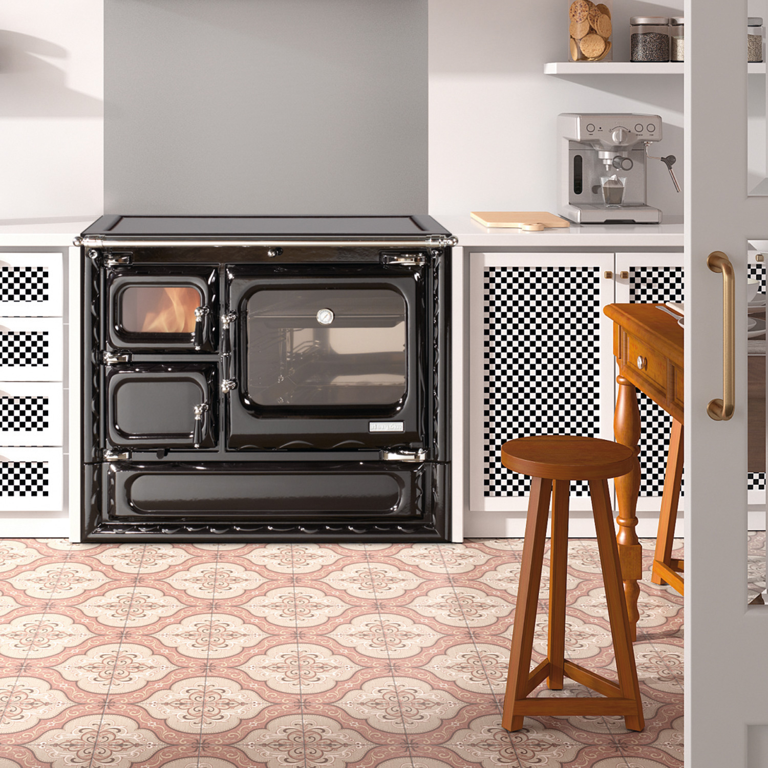 Hergom Deva 100 SE Küchenofen Gusseisen schwarz, Herdplatte Glaskeramik, RR hinten