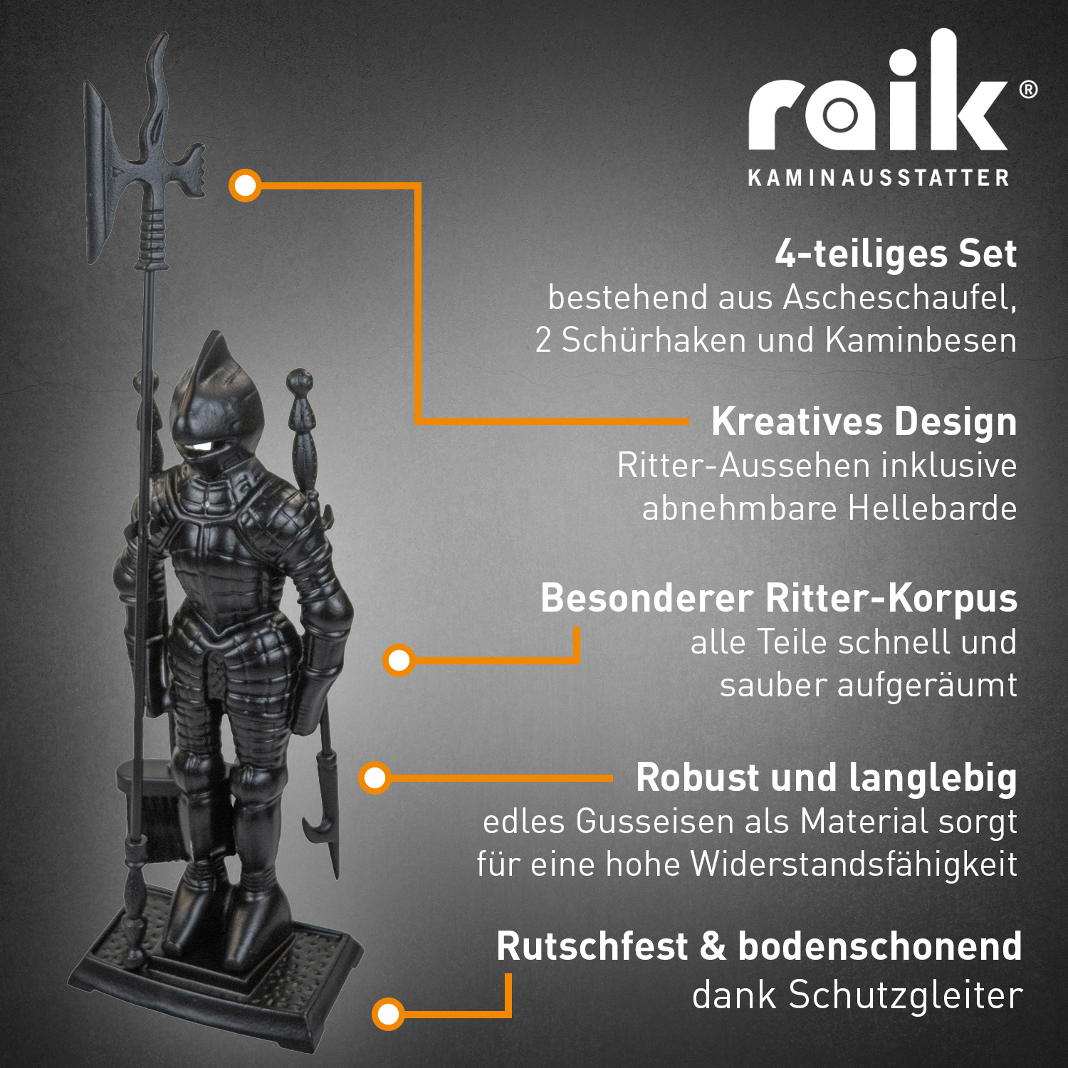 Raik Kaminbesteck Ritter Hubert, schwarz, 4tlg.