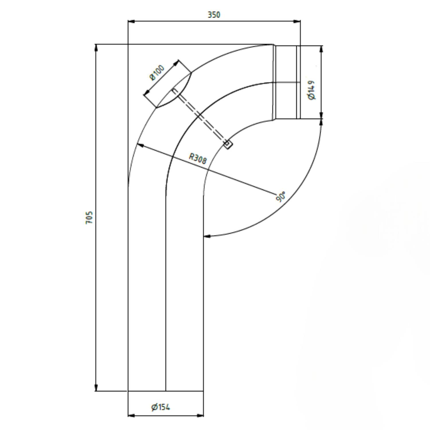 Raik Lifestyle Winkelbogen Durchmesser 150/90° 2,00mm glatt 705/350 mit eingelegter Tür schwarz für Rauchrohr/ Ofenrohr