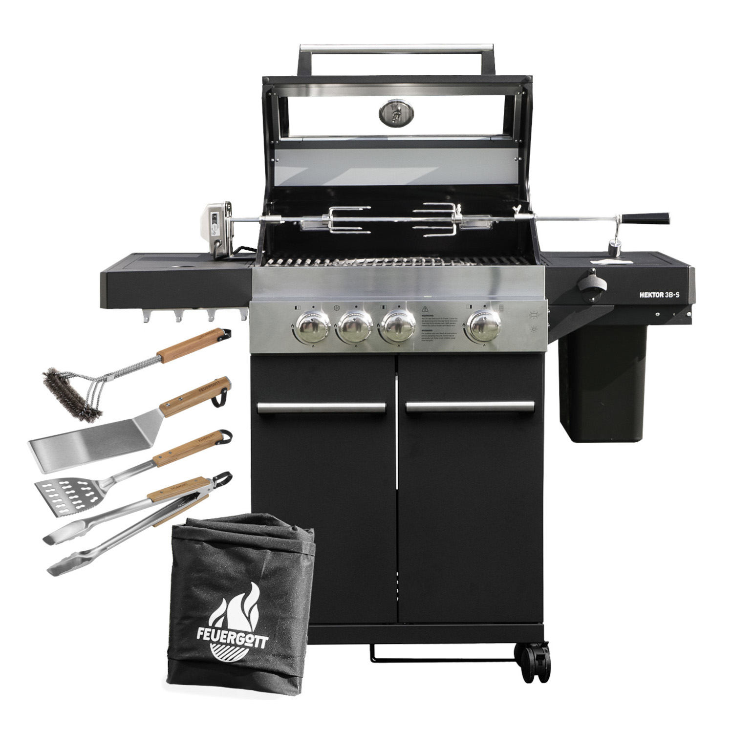 Feuergott Gas-Grillstation Hektor 3B-S All Inclusive mit Abdeckhaube, Drehspieß und 4-teiligem Grillbesteck
