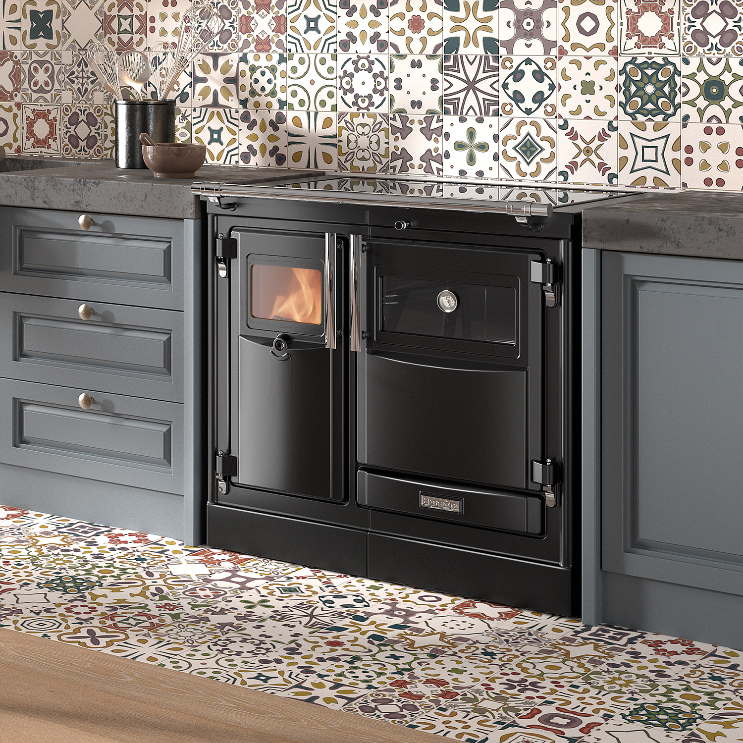 Hergom PAS 90 SE Küchenofen Gusseisen schwarz, Herdplatte Glaskeramik, RR hinten