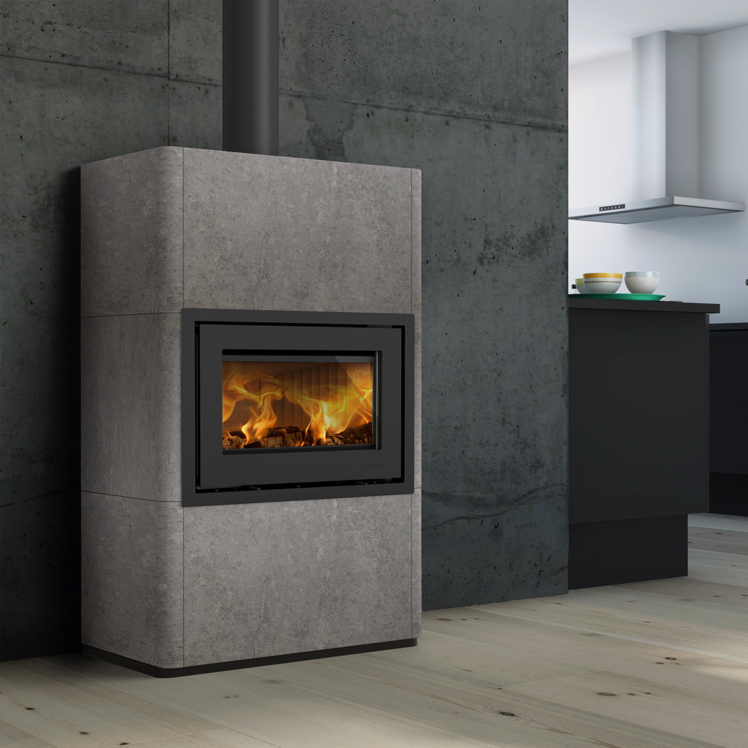 Lotus Beto 470M Kaminofen Tür Grau, RR oben, Stahltopplatte grau und Griff Classic H